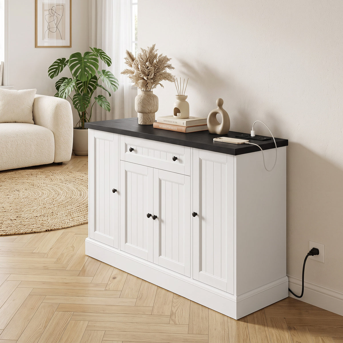 47" Farmhouse Sideboard Buffet Cabinet with Charging Station, Coffee Bar Cabinet with 3 Adjustable Shelves and 4 Doors, Kitchen Storage Cabinet with Drawer, White