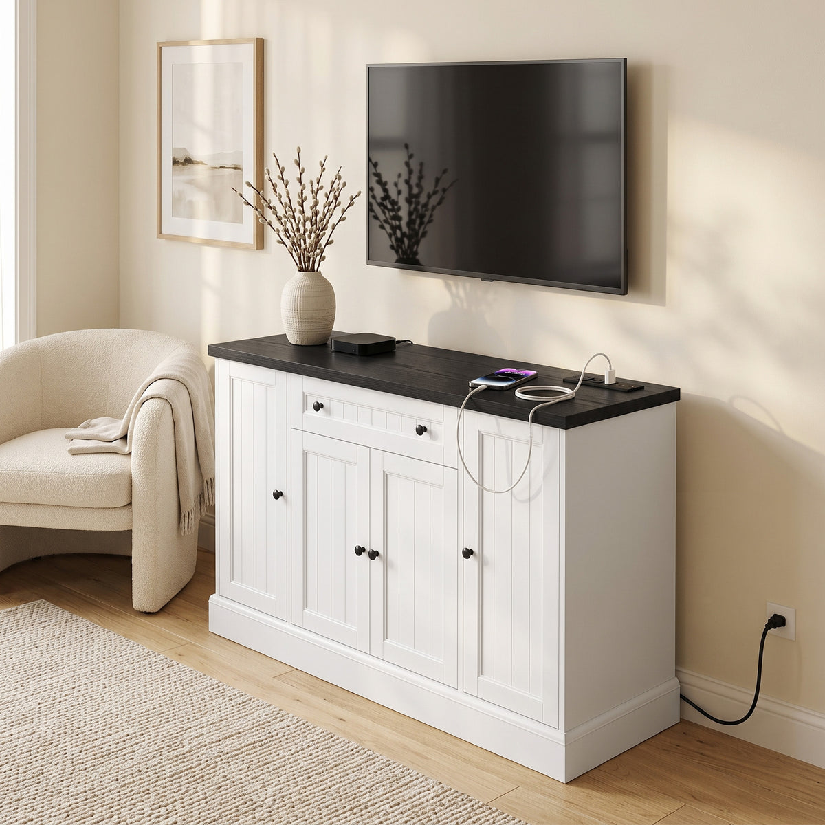 47" Farmhouse Sideboard Buffet Cabinet with Charging Station, Coffee Bar Cabinet with 3 Adjustable Shelves and 4 Doors, Kitchen Storage Cabinet with Drawer, White
