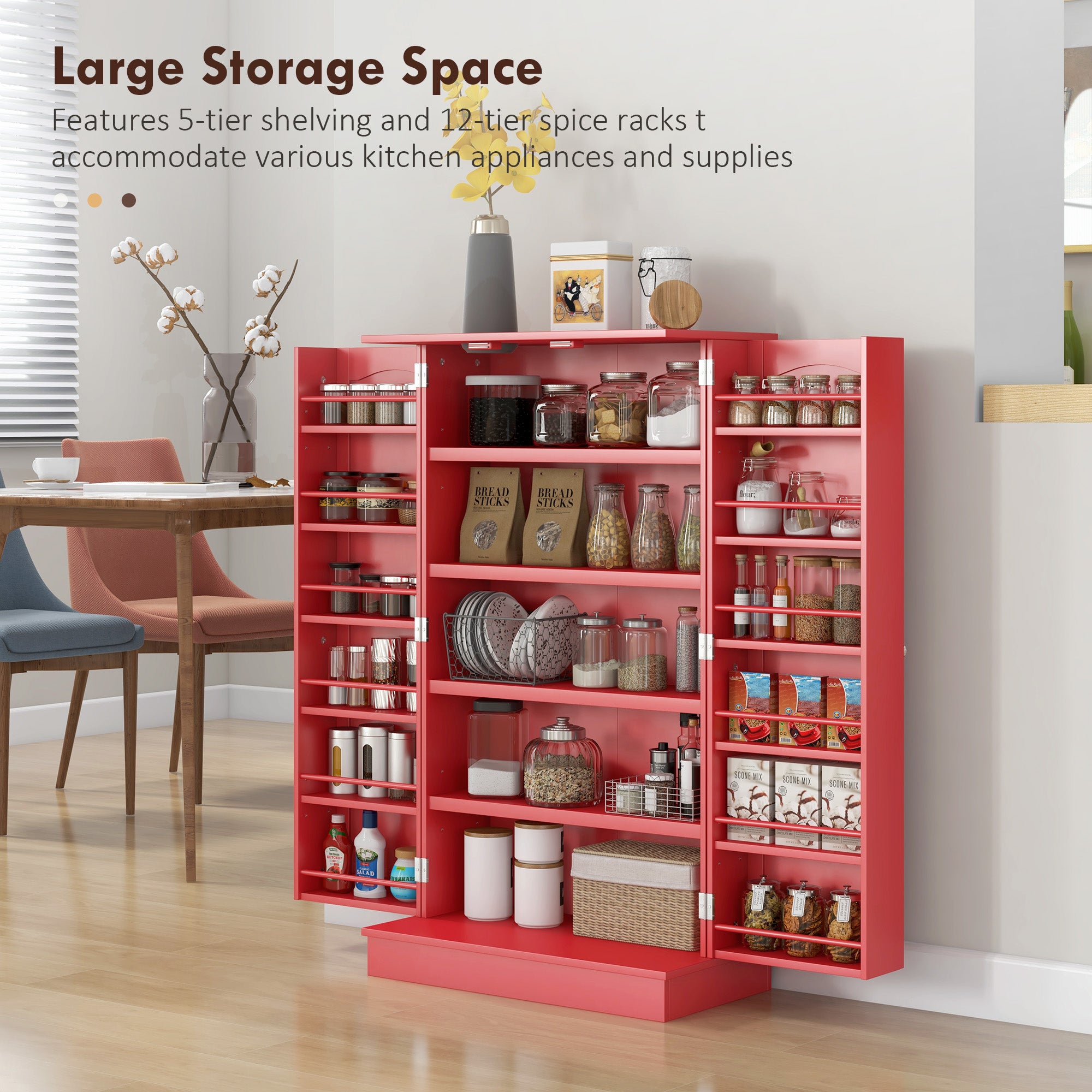 41" Kitchen Pantry Cabinet w/ 12 Door Shelves, Double Doors, 5-tier Shelving, Red - HOMCOM