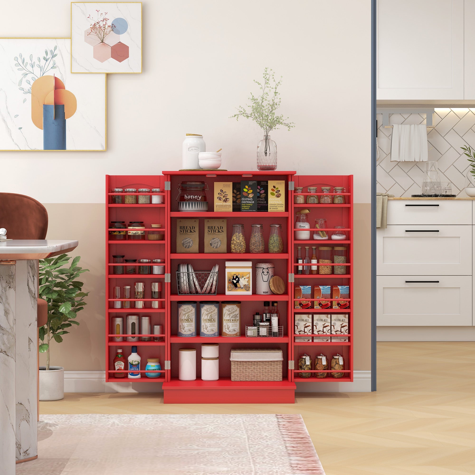 41" Kitchen Pantry Cabinet w/ 12 Door Shelves, Double Doors, 5-tier Shelving, Red - HOMCOM