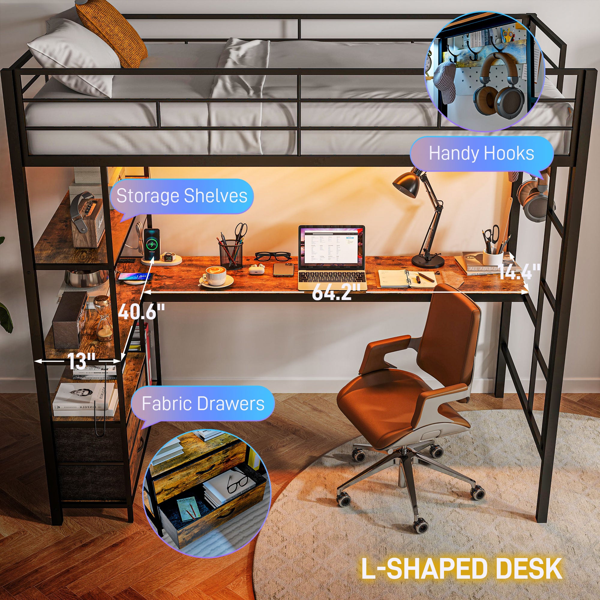 HOMCOM Metal Loft Bed Twin Size with L-Shaped Desk, LED Lights, Charging Station, for Teens Adults, Twin Loft Bed Frame with Fabric Drawers, Guardrail, Ladder, Noise Free, No Box Spring Needed, Black