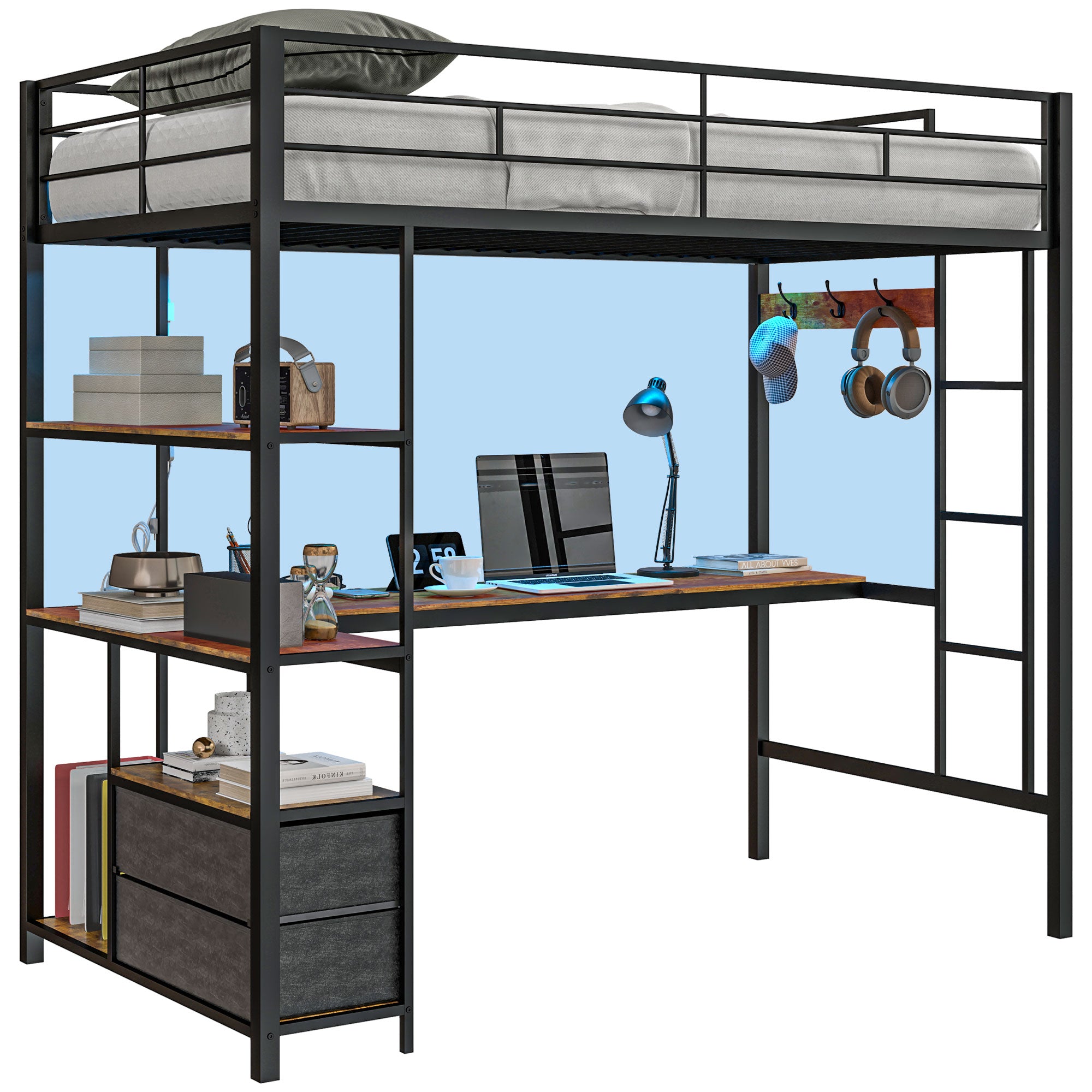 HOMCOM Metal Loft Bed Twin Size with L-Shaped Desk, LED Lights, Charging Station, for Teens Adults, Twin Loft Bed Frame with Fabric Drawers, Guardrail, Ladder, Noise Free, No Box Spring Needed, Black