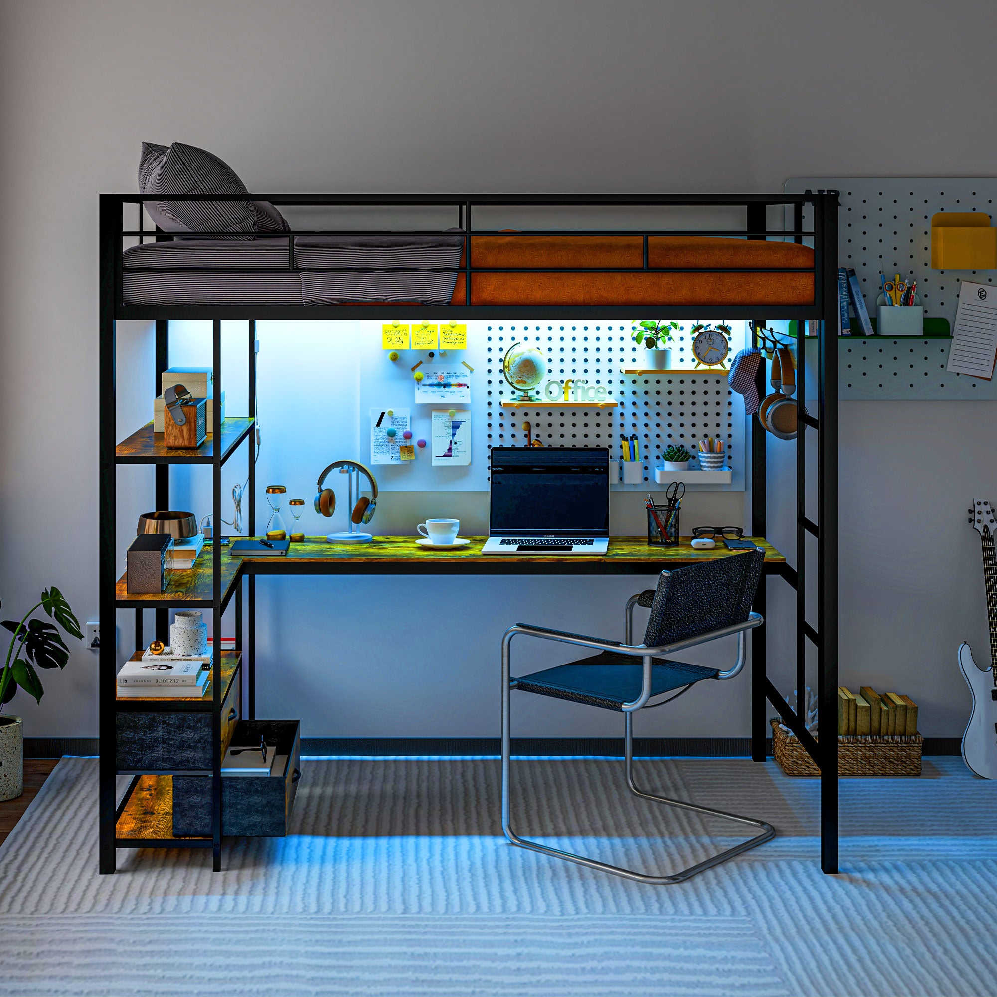 HOMCOM Metal Loft Bed Twin Size with L-Shaped Desk, LED Lights, Charging Station, for Teens Adults, Twin Loft Bed Frame with Fabric Drawers, Guardrail, Ladder, Noise Free, No Box Spring Needed, Black