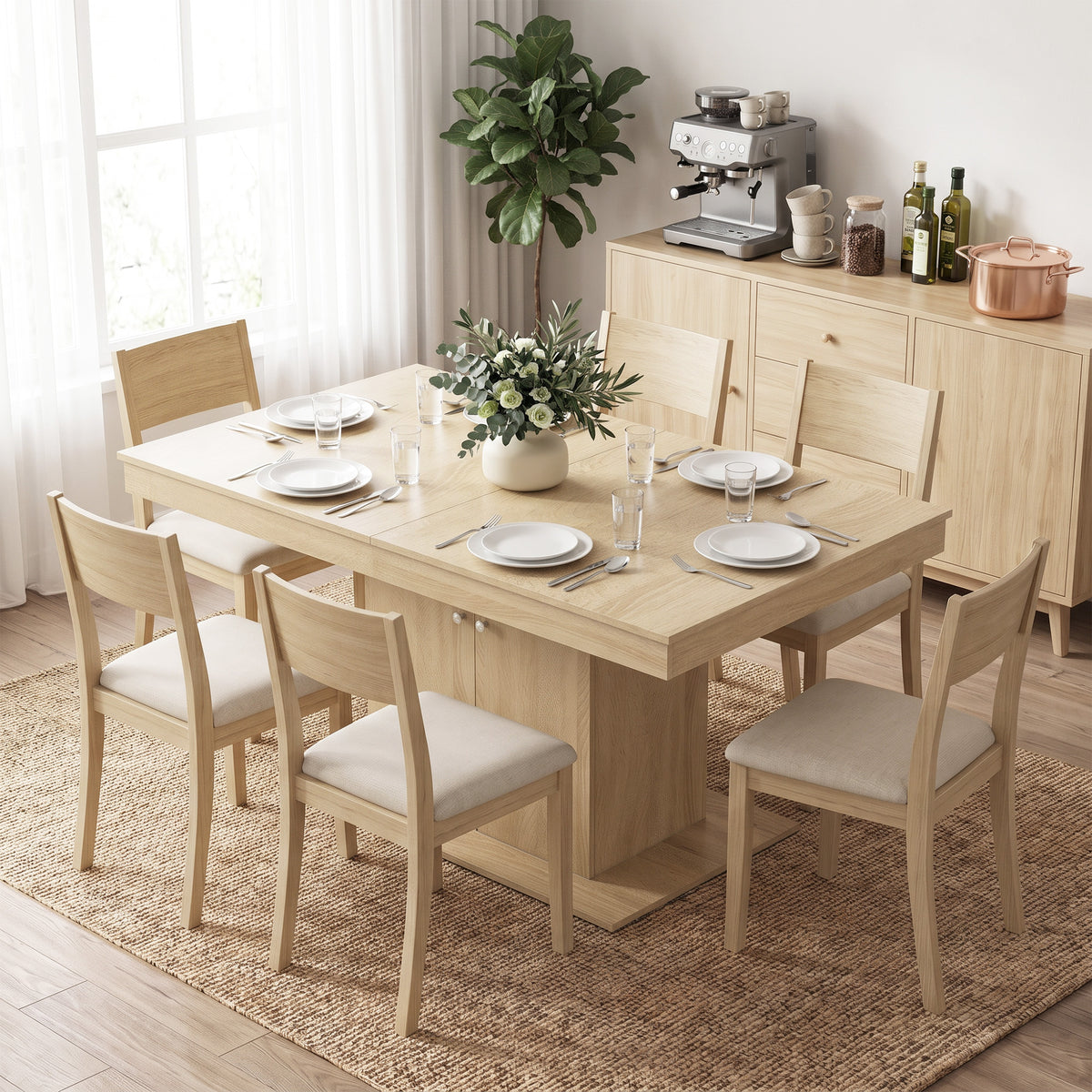 Extendable Dining Room Table for 6-8, 55"-71" Rectangle Kitchen Dining Table with Cabinet, Adjustable Shelf, Mid Century Modern Dinner Furniture, Living Room, Natural Wood