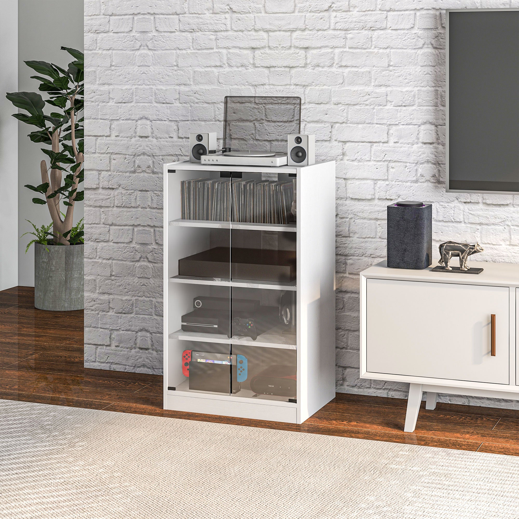4-Tier Media Cabinet Stand w/ Adjustable Shelves & Cable Management, Distressed White
