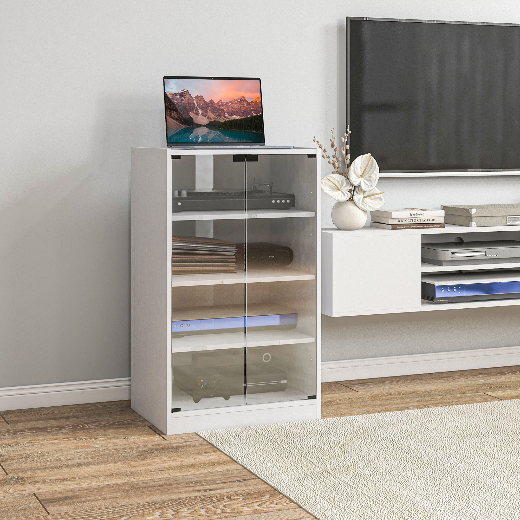 4-Tier Media Cabinet Stand w/ Adjustable Shelves & Cable Management, Distressed White