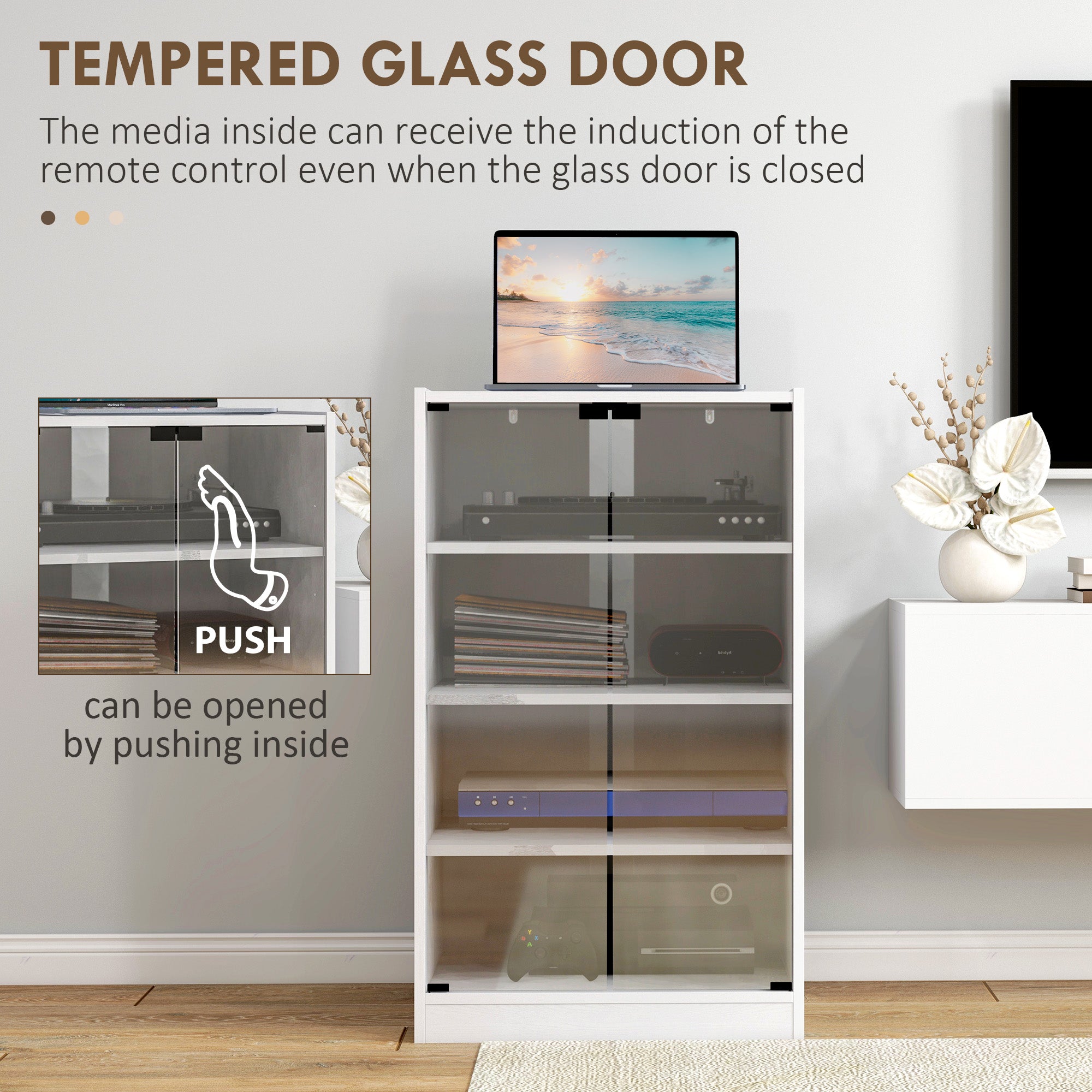 4-Tier Media Cabinet Stand w/ Adjustable Shelves & Cable Management, Distressed White