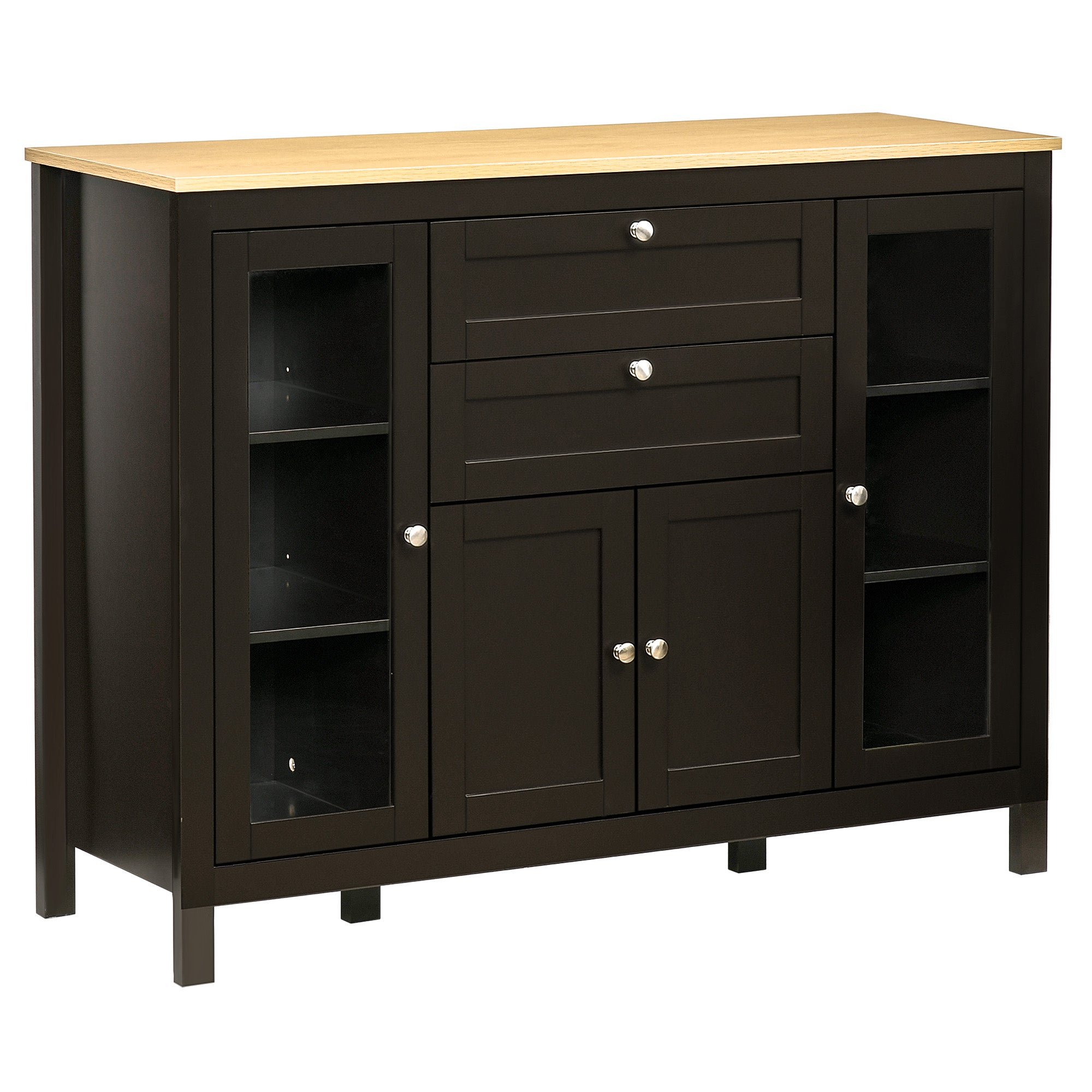 47" Sideboard Buffet Cabinet with Rubber Wood Top Glass Door Coffee Bar Cabinet, Brown