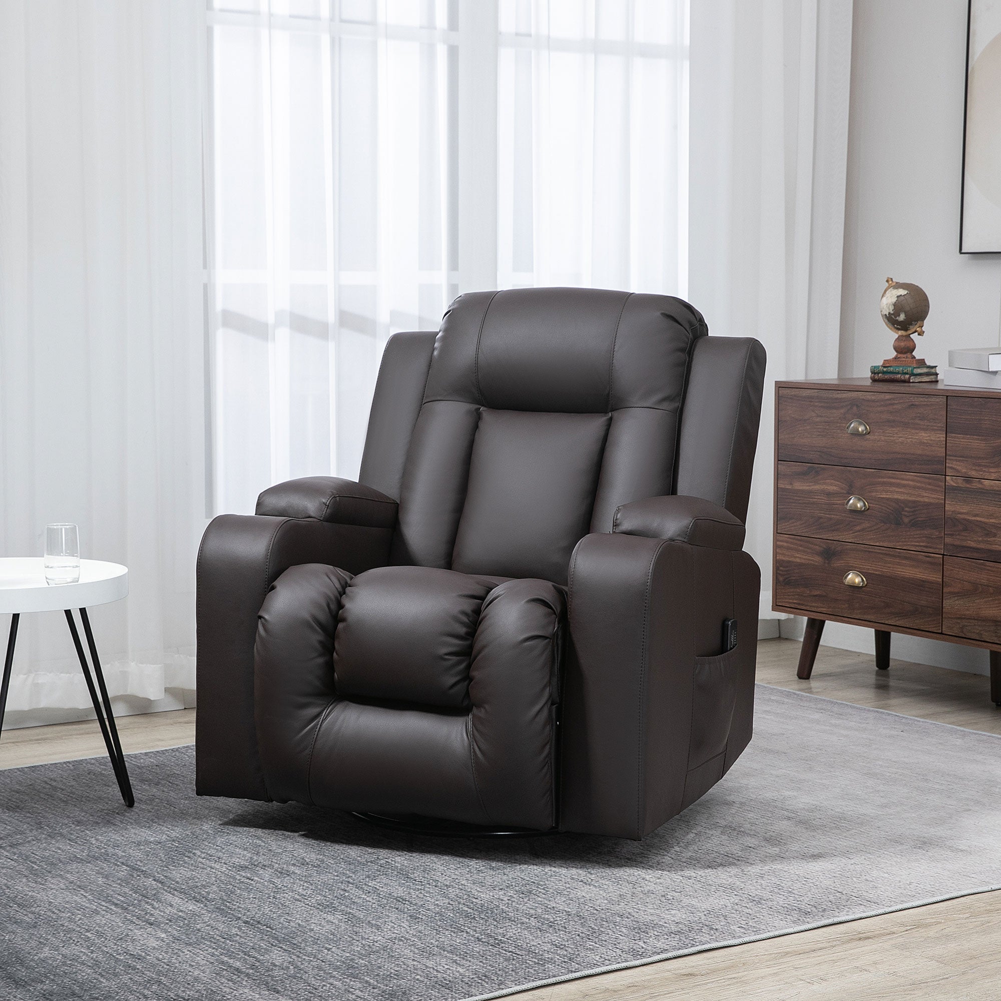 HOMCOM Massage Recliner Chair for Living Room with 8 Vibration, Overstuffed PU Leather Manual Reclining Chair with Wide Seat, Cup Holders, 360° Swivel, Rocking, Brown