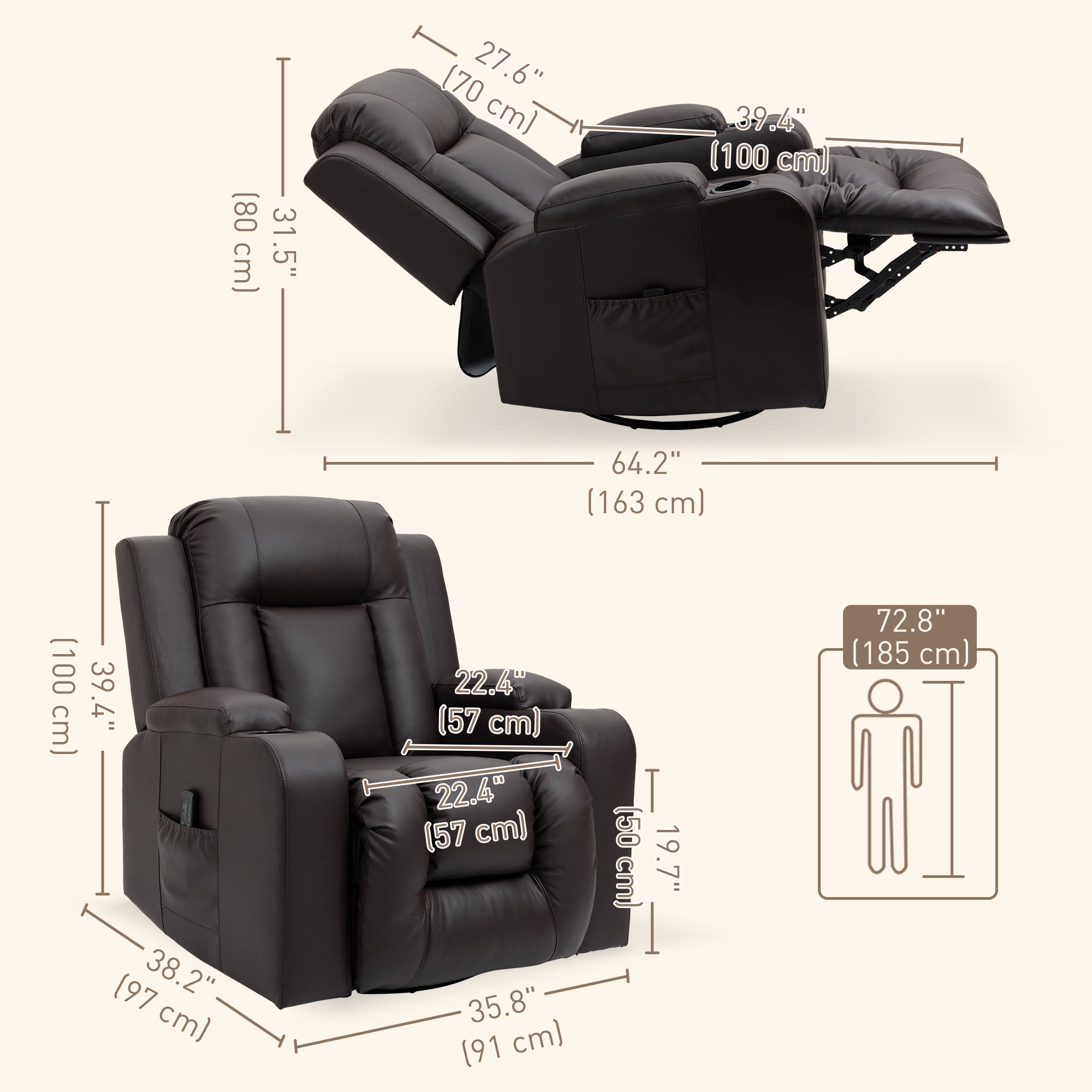 HOMCOM Massage Recliner Chair for Living Room with 8 Vibration, Overstuffed PU Leather Manual Reclining Chair with Wide Seat, Cup Holders, 360° Swivel, Rocking, Brown