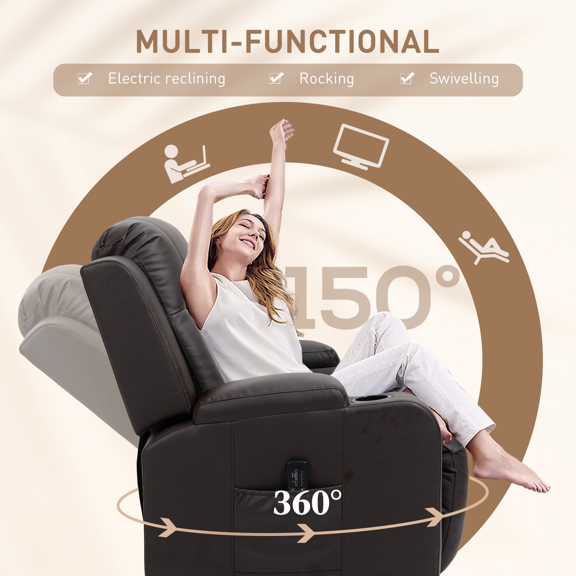 HOMCOM Massage Recliner Chair for Living Room with 8 Vibration, Overstuffed PU Leather Manual Reclining Chair with Wide Seat, Cup Holders, 360° Swivel, Rocking, Brown