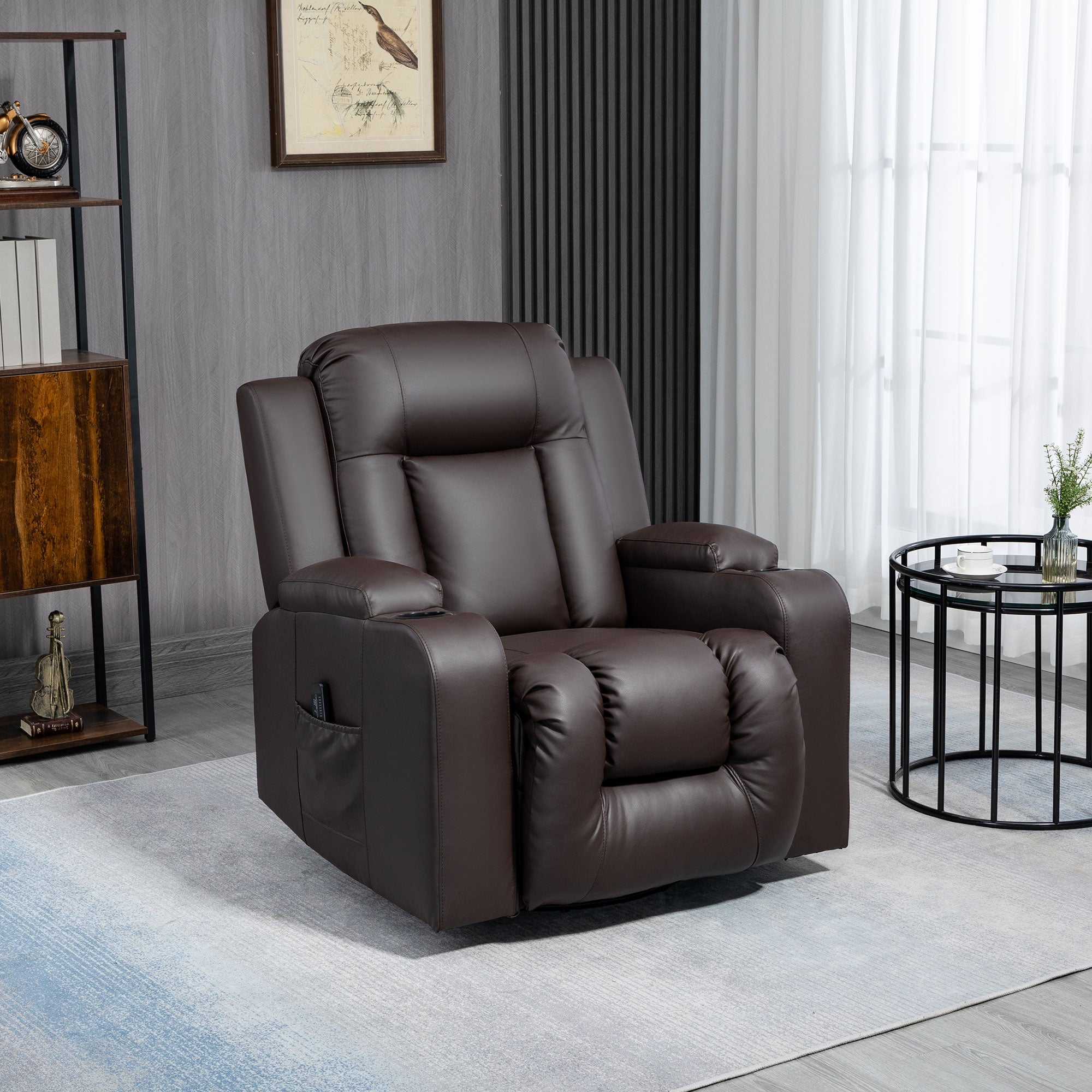 HOMCOM Massage Recliner Chair for Living Room with 8 Vibration, Overstuffed PU Leather Manual Reclining Chair with Wide Seat, Cup Holders, 360° Swivel, Rocking, Brown