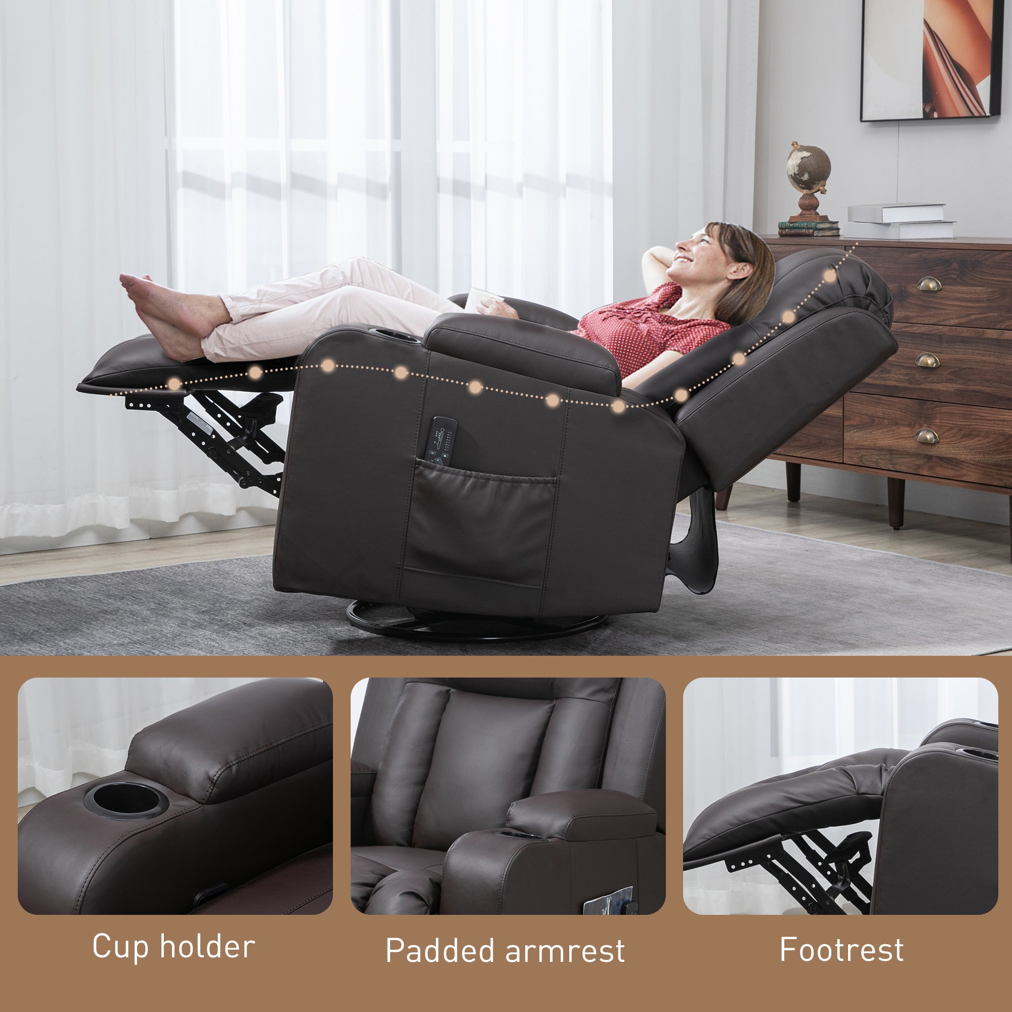 HOMCOM Massage Recliner Chair for Living Room with 8 Vibration, Overstuffed PU Leather Manual Reclining Chair with Wide Seat, Cup Holders, 360° Swivel, Rocking, Brown