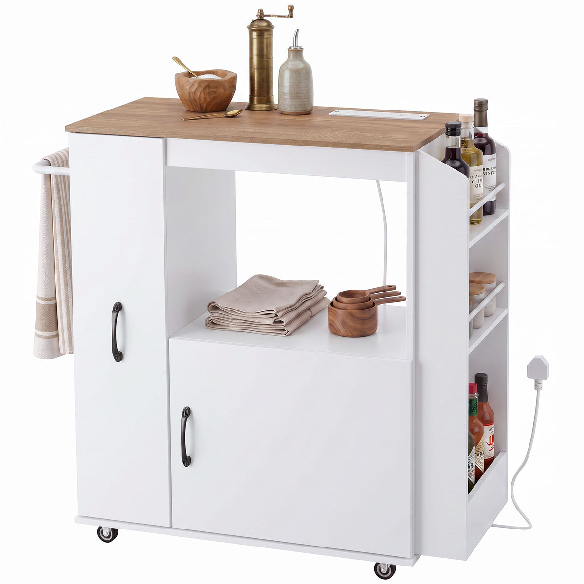 Kitchen Trolley on Wheels, Rolling Kitchen Island Cart with Power Outlet, Cabinet, Pull-Out Drawer and Towel & Spice Rack, Mobile Serving Trolley Cart for Dining Room, Bathroom, White