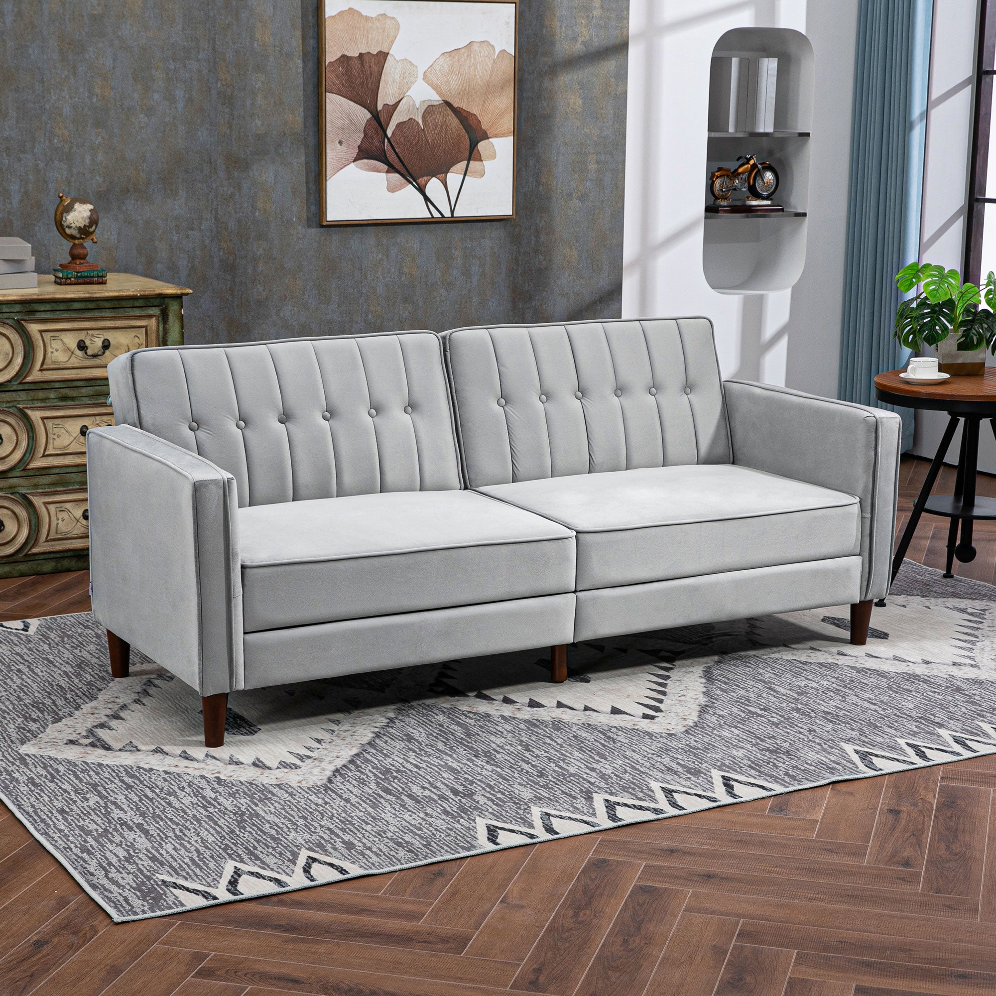 HOMCOM Modern 3 Seater Velvet Sofa Bed, Click Clack Sofa Bed, Button Tufted Sleeper Couch with Split Reclining Backrest and Rubber Wood Legs, Light Grey