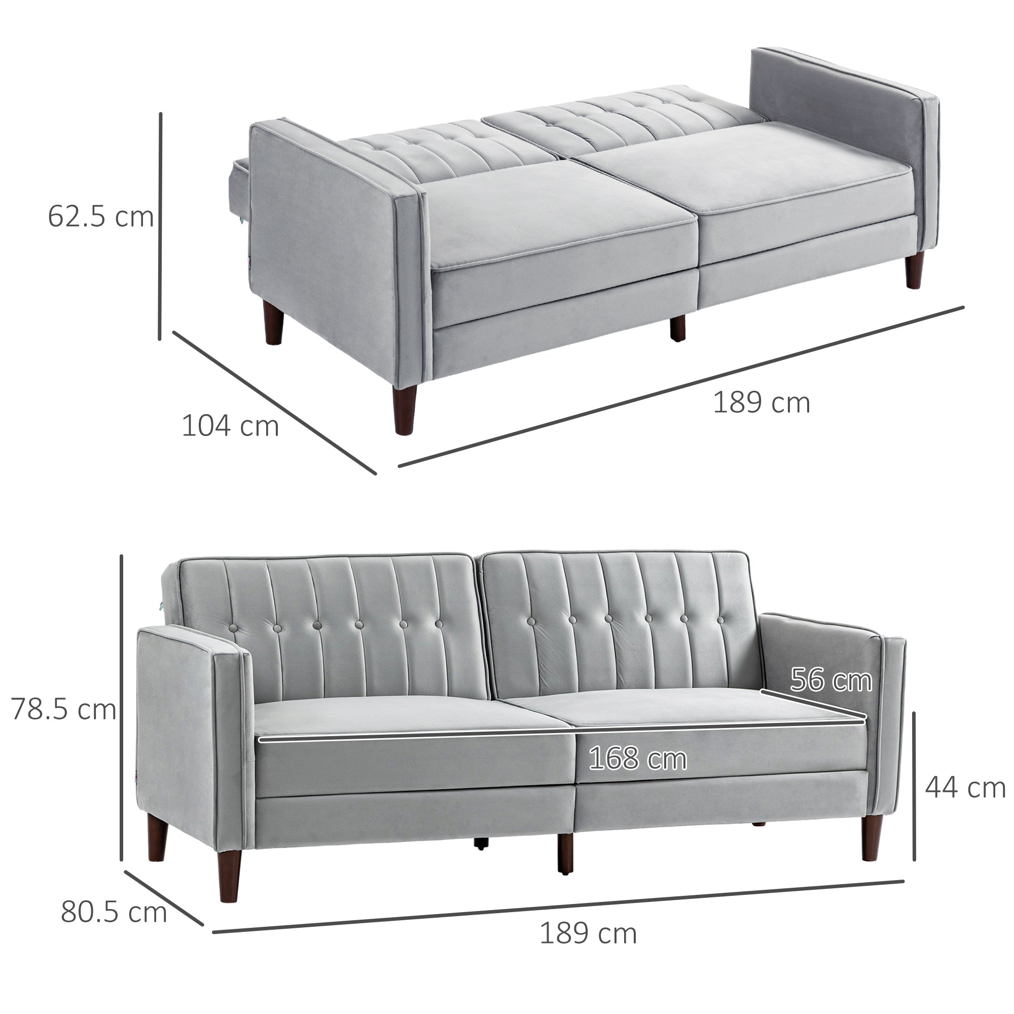 HOMCOM Modern 3 Seater Velvet Sofa Bed, Click Clack Sofa Bed, Button Tufted Sleeper Couch with Split Reclining Backrest and Rubber Wood Legs, Light Grey