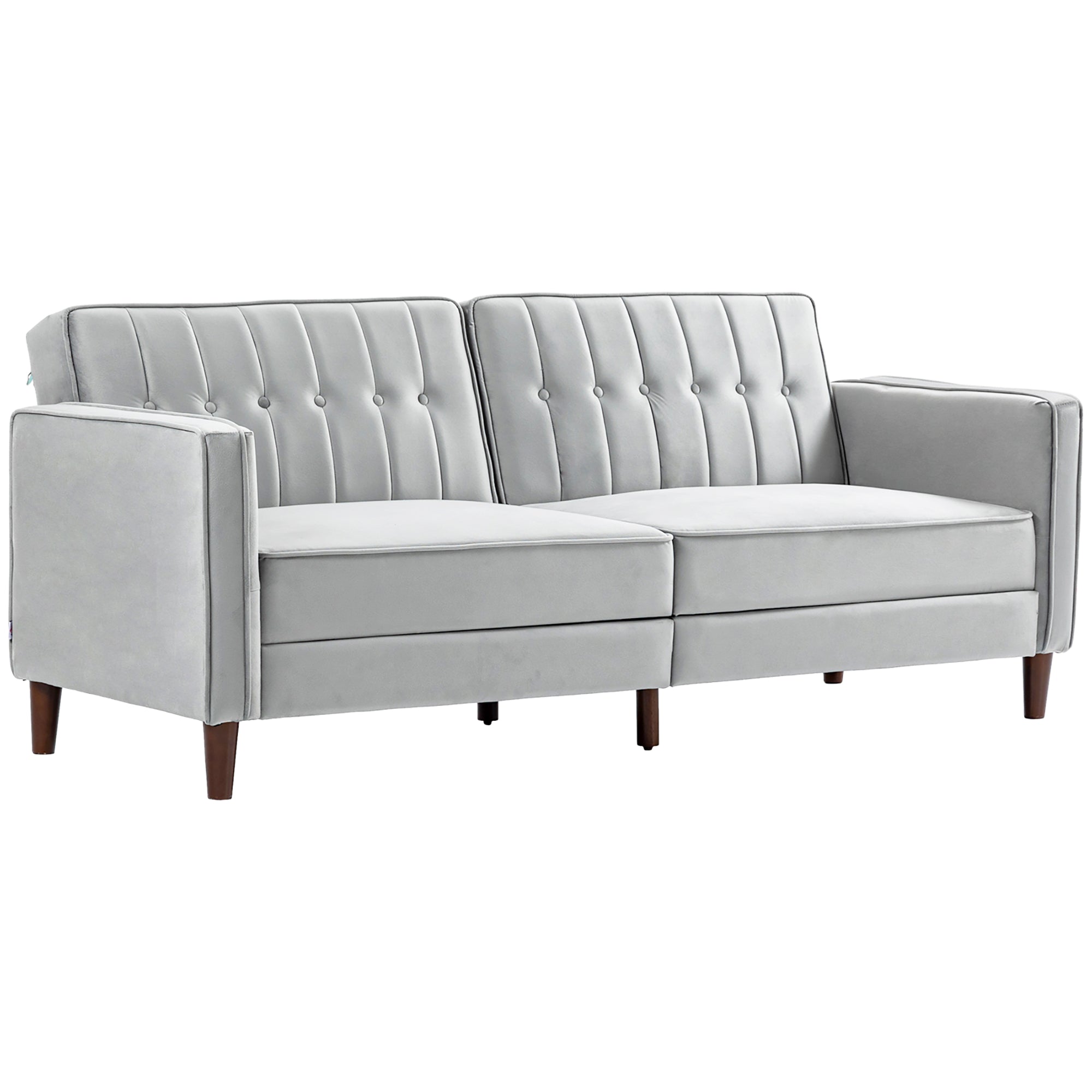 HOMCOM Modern 3 Seater Velvet Sofa Bed, Click Clack Sofa Bed, Button Tufted Sleeper Couch with Split Reclining Backrest and Rubber Wood Legs, Light Grey