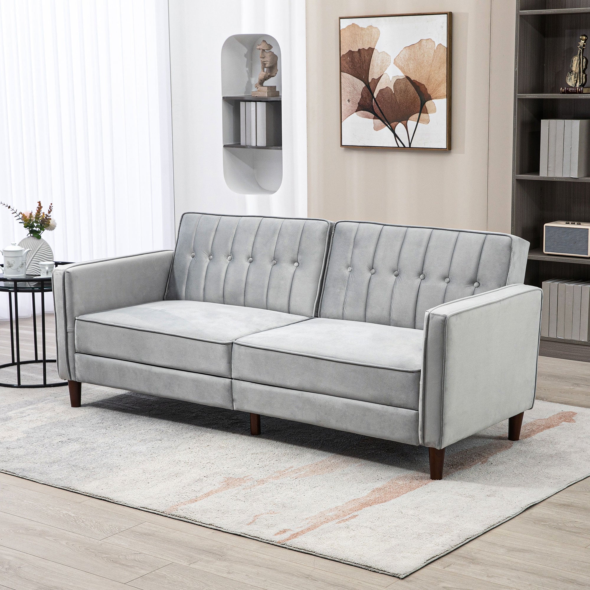 HOMCOM Modern 3 Seater Velvet Sofa Bed, Click Clack Sofa Bed, Button Tufted Sleeper Couch with Split Reclining Backrest and Rubber Wood Legs, Light Grey