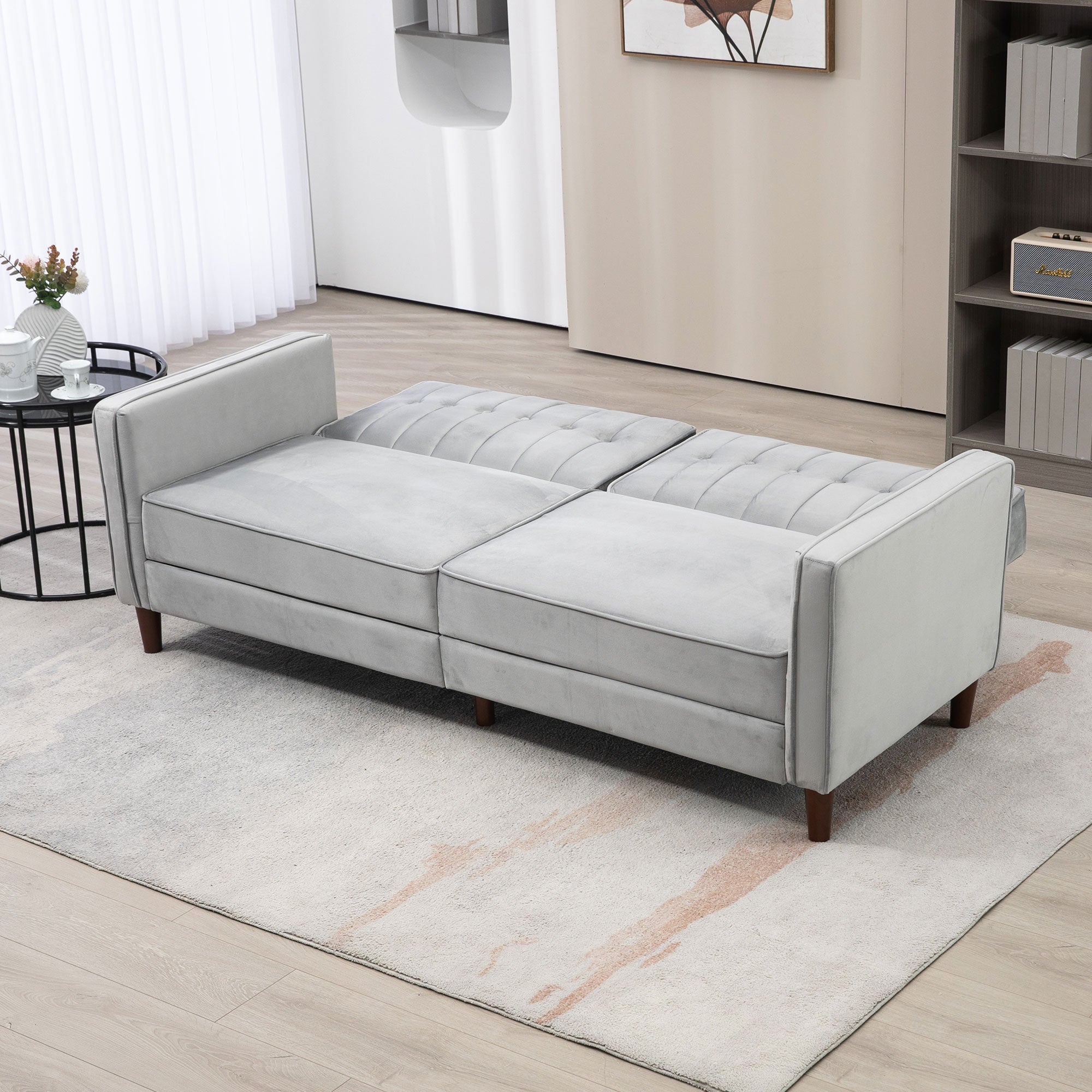 HOMCOM Modern 3 Seater Velvet Sofa Bed, Click Clack Sofa Bed, Button Tufted Sleeper Couch with Split Reclining Backrest and Rubber Wood Legs, Light Grey