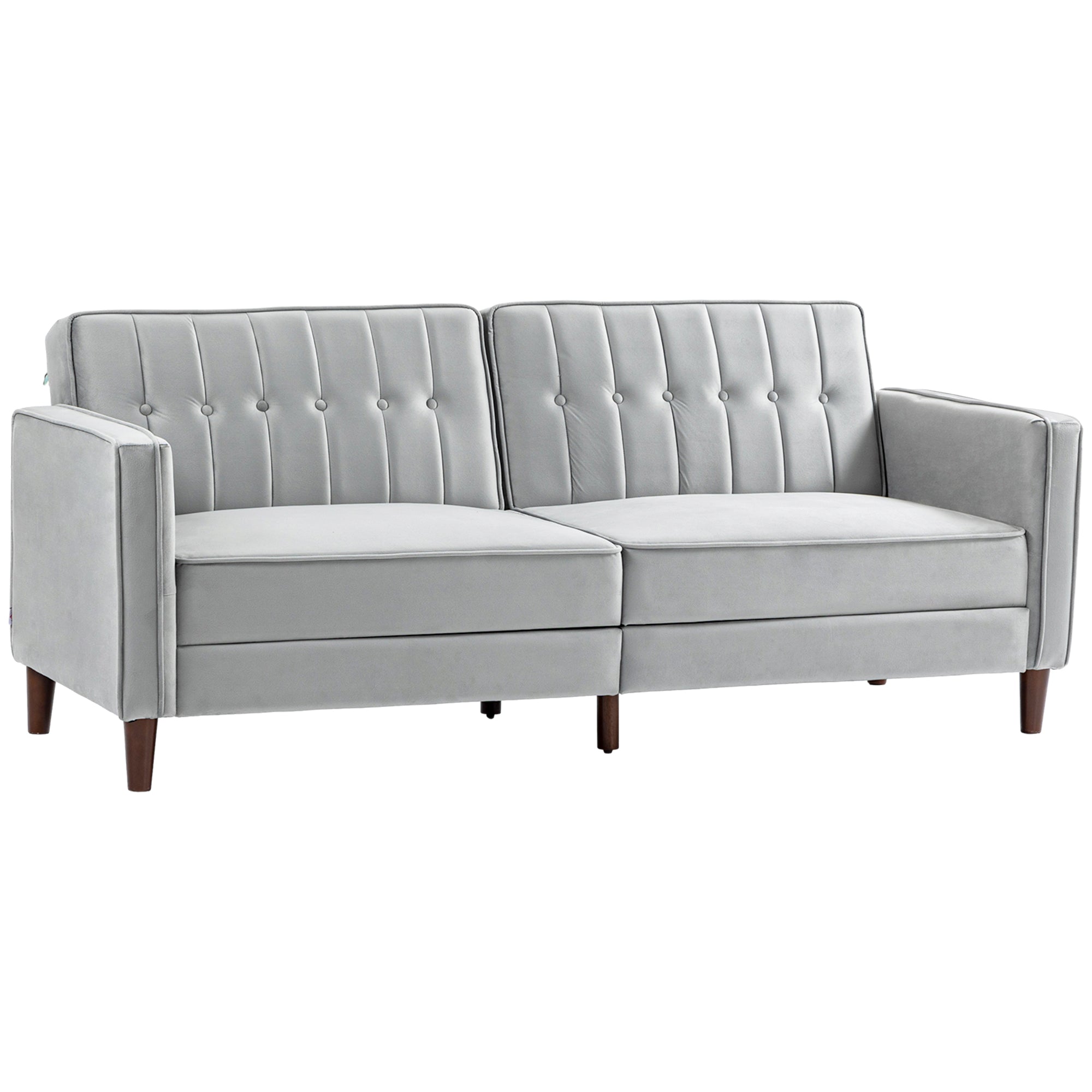 HOMCOM Modern 3 Seater Velvet Sofa Bed, Click Clack Sofa Bed, Button Tufted Sleeper Couch with Split Reclining Backrest and Rubber Wood Legs, Light Grey