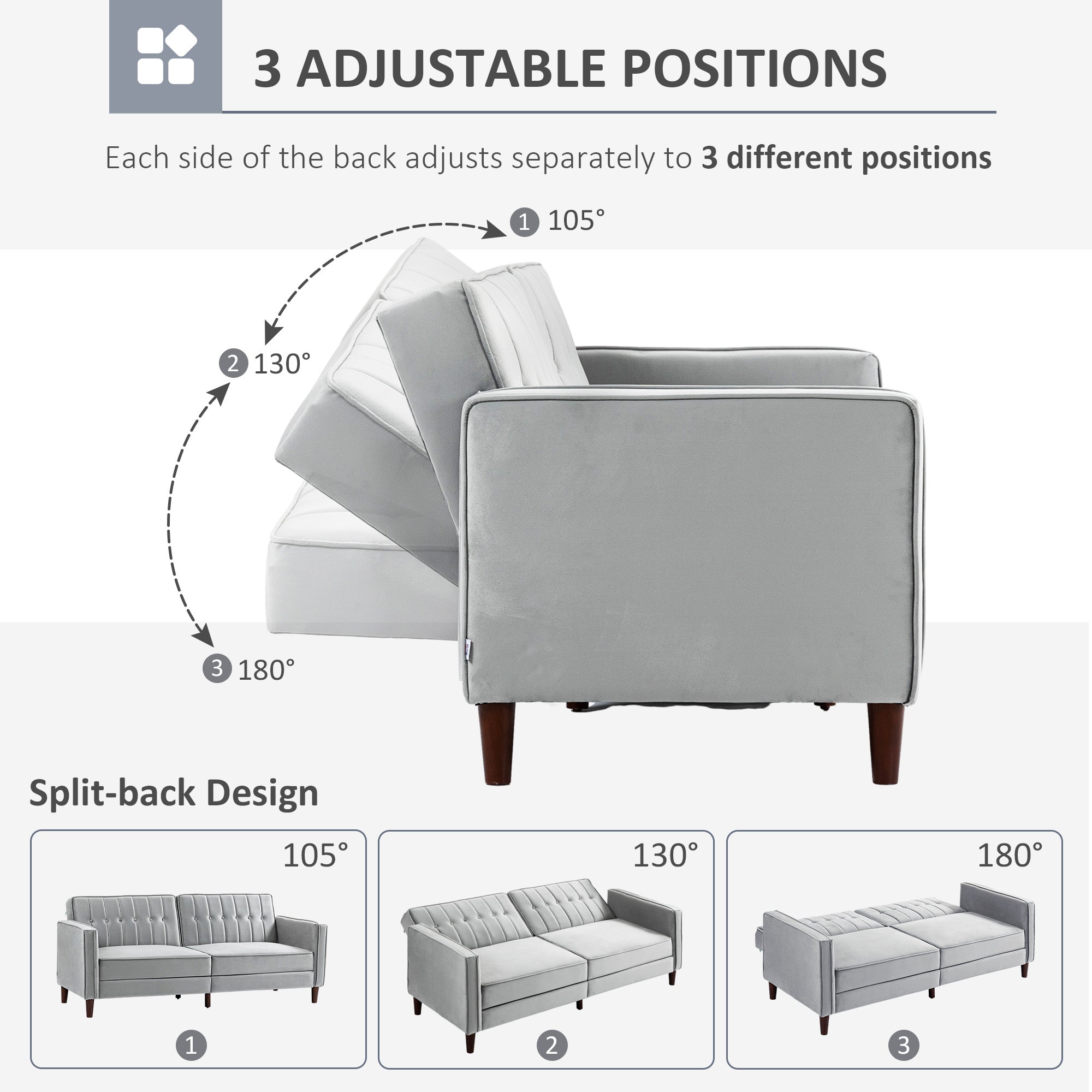 HOMCOM Modern 3 Seater Velvet Sofa Bed, Click Clack Sofa Bed, Button Tufted Sleeper Couch with Split Reclining Backrest and Rubber Wood Legs, Light Grey