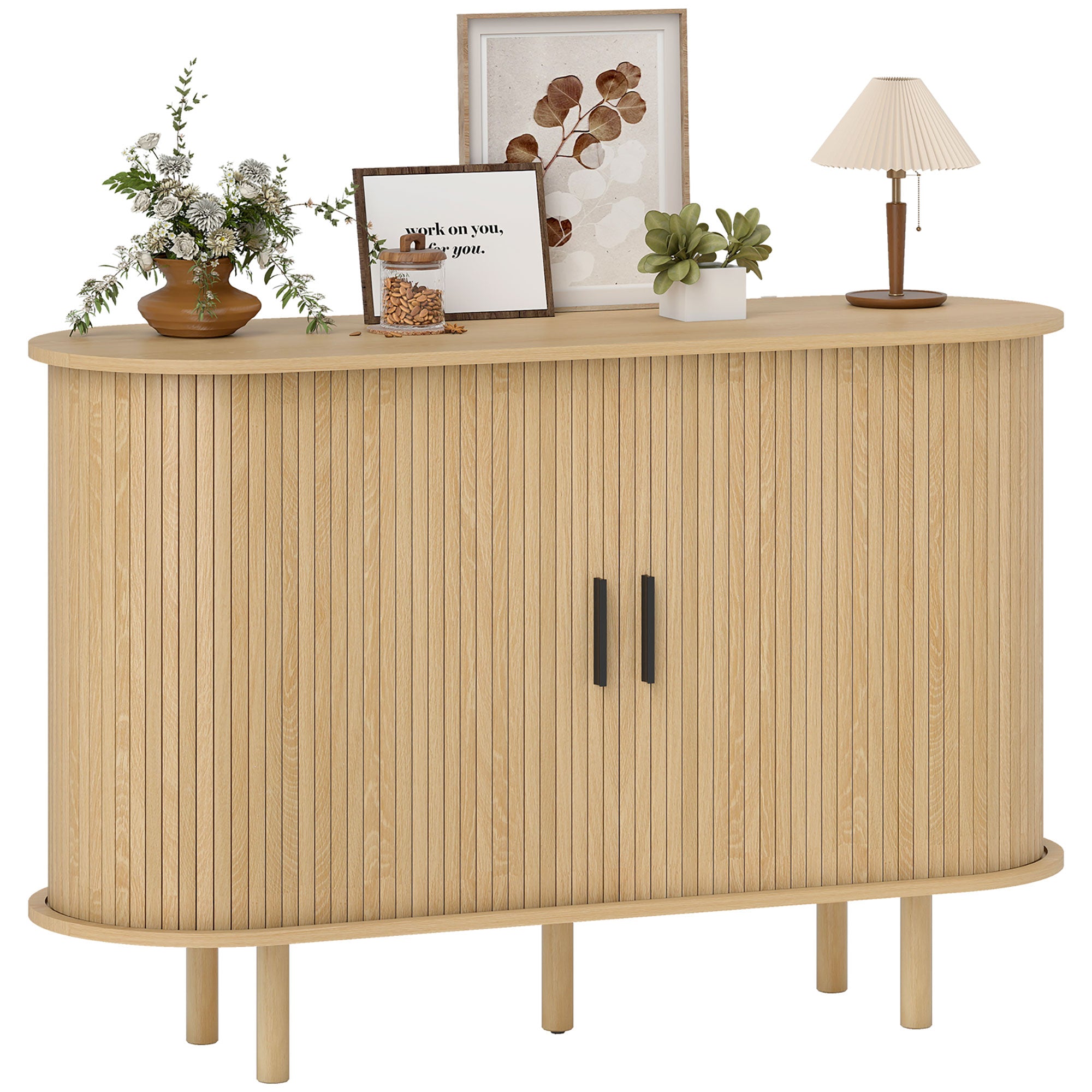 Fluted Sideboard Buffet Cabinet with Tambour Sliding Doors, 47" Modern Coffee Bar Cabinet with Storage Shelves and Wooden Legs, Kitchen Credenza, Oak