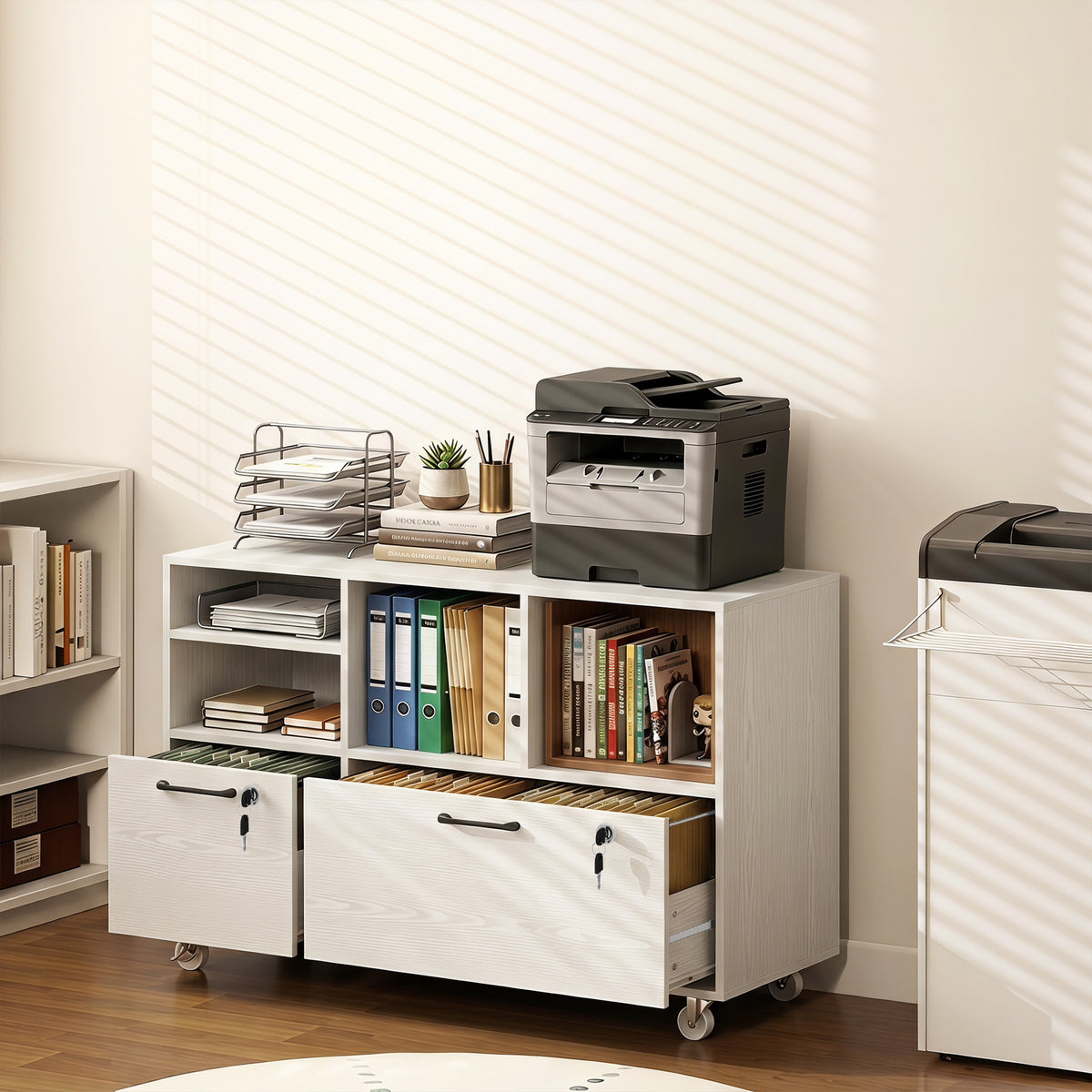 File Cabinet, 2 Drawer Mobile Lateral Filing Cabinet with Lock, Charging Station, Printer Stand with Shelves, Hanging Bars, Fits A4/Letter/Legal Size for Home Office, White