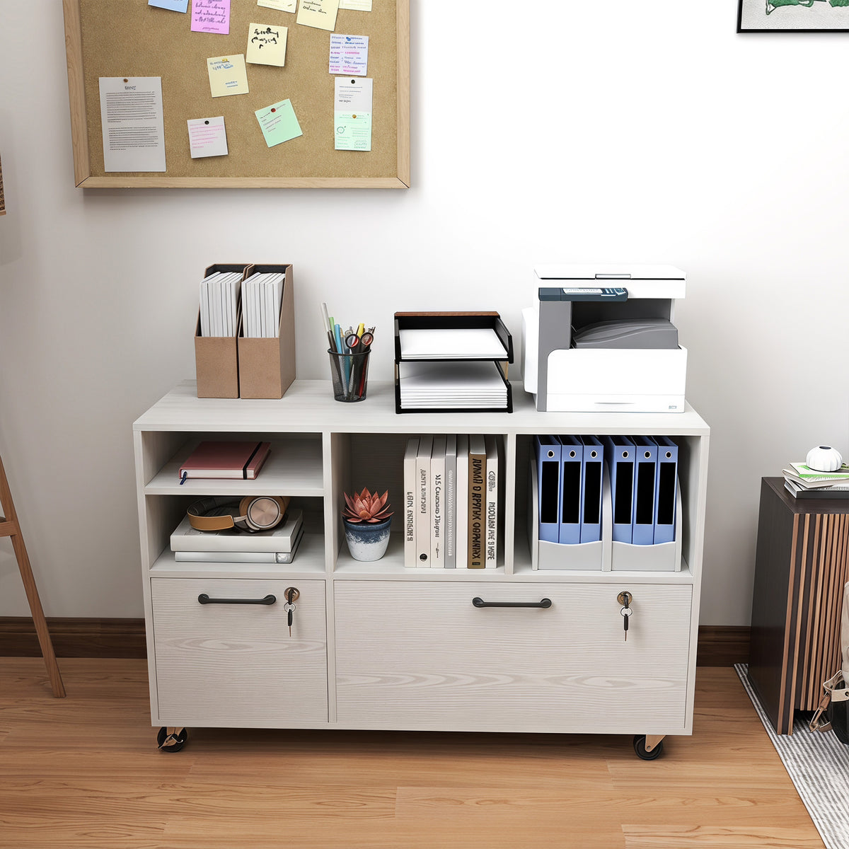 File Cabinet, 2 Drawer Mobile Lateral Filing Cabinet with Lock, Charging Station, Printer Stand with Shelves, Hanging Bars, Fits A4/Letter/Legal Size for Home Office, White