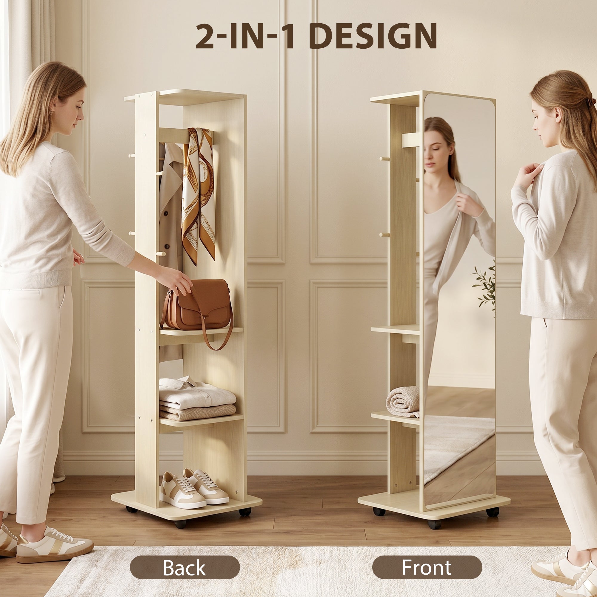 15" x 62" Full Length Mirror, Tempered Glass Floor Mirror on Wheels with Storage Shelves, Coat Hangers for Bedroom, Living Room, Natural Wood