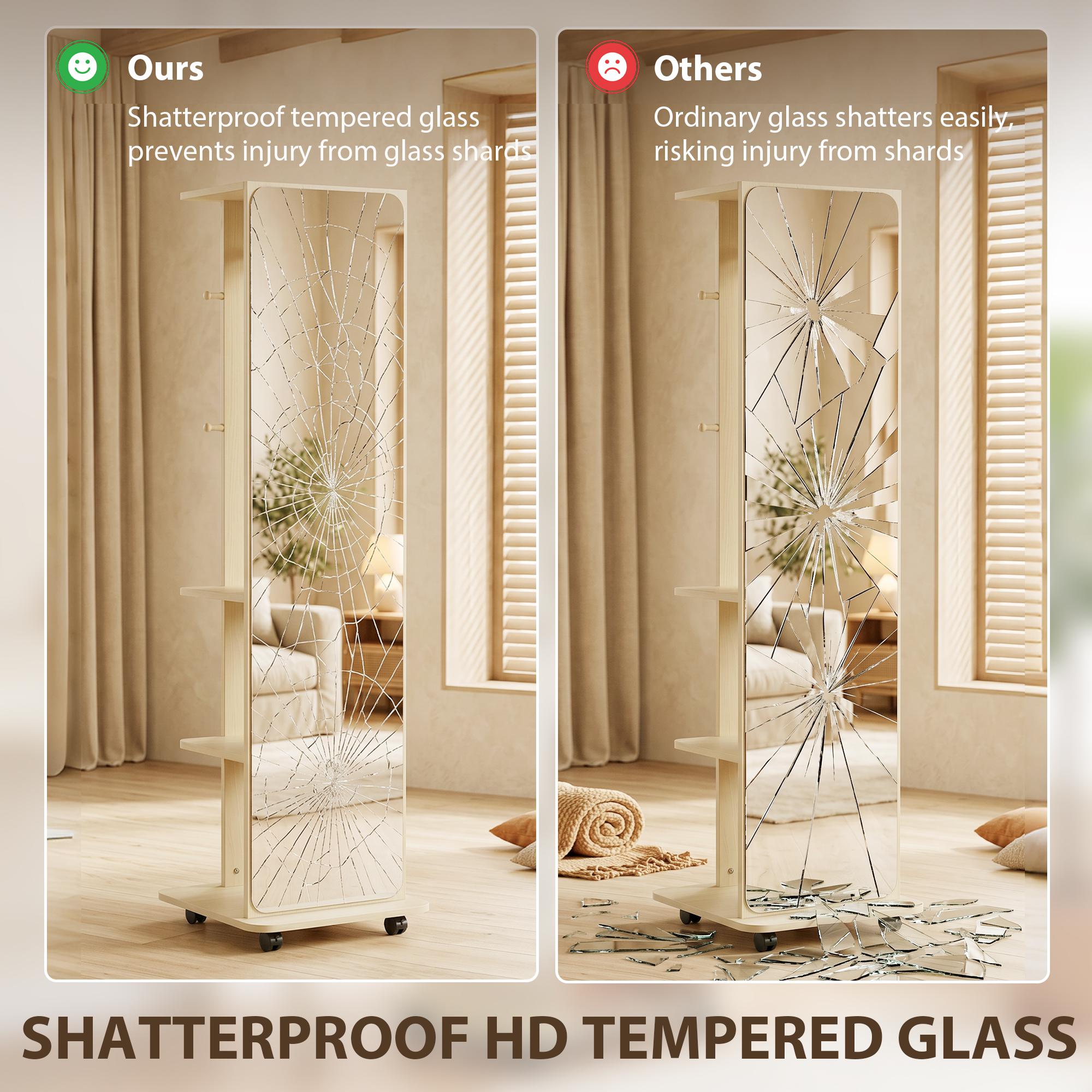 15" x 62" Full Length Mirror, Tempered Glass Floor Mirror on Wheels with Storage Shelves, Coat Hangers for Bedroom, Living Room, Natural Wood
