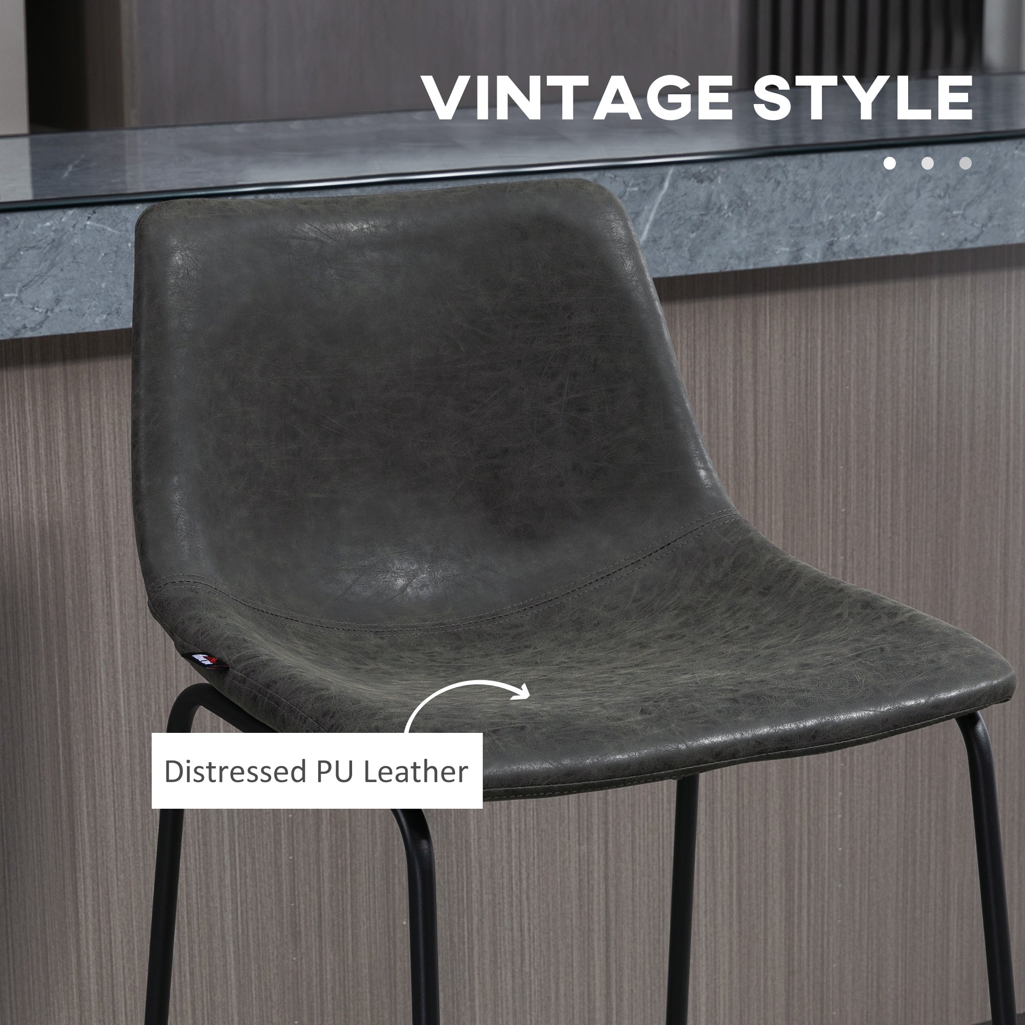 HOMCOM Bar Height Bar Stools Set of 2, Vintage PU Leather Bar Chairs, Kitchen Stools with Footrest for Home Bar, Dark Grey