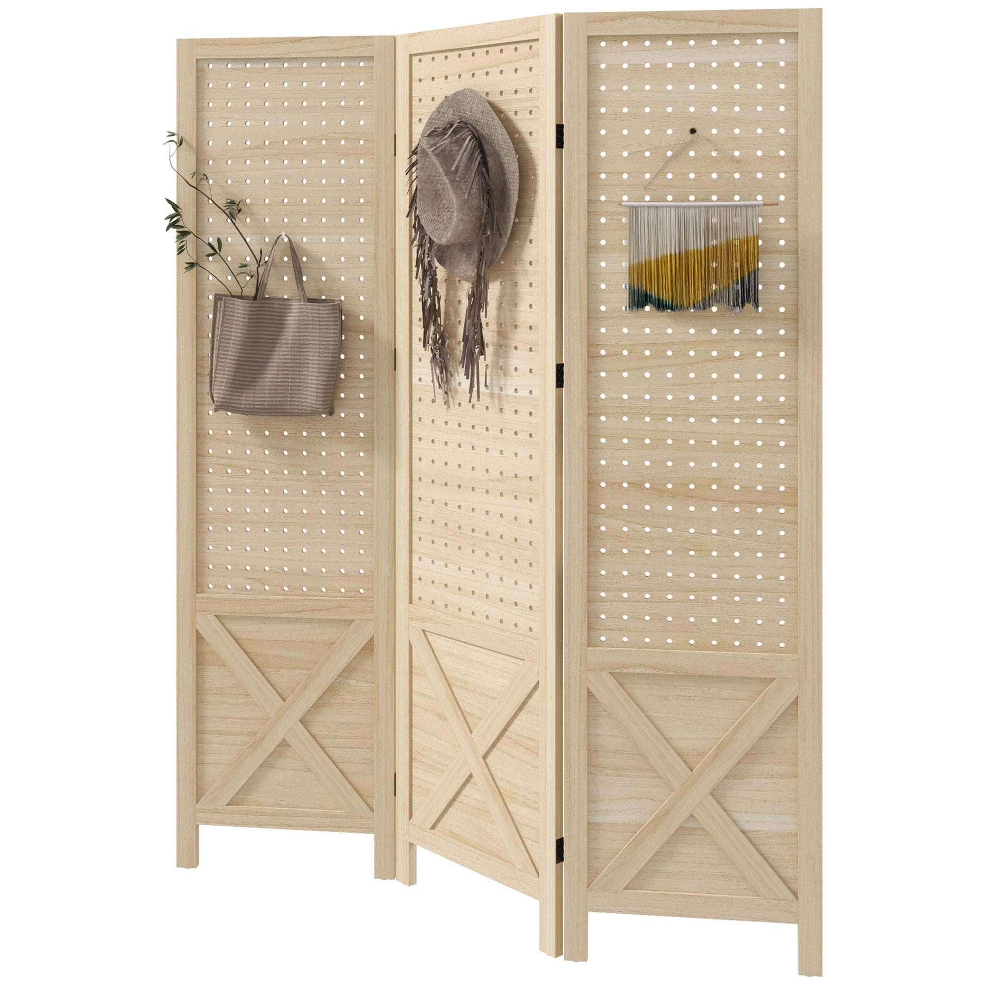 4.7' 3 Panel Wooden Room Divider with Pegboard Display, Folding Privacy Screen, Natural