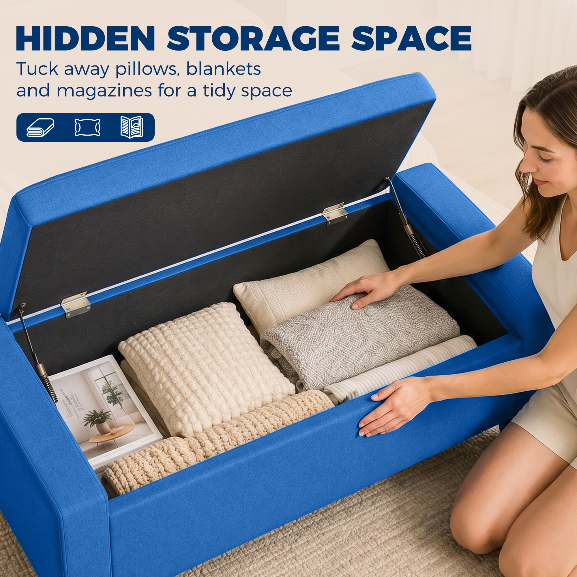 36.6" Tufted Fabric Rectangular Storage Ottoman, Sitting Bench with Armrests and Wooden Legs, Holds up to 528 lbs, for Entryway, Living Room, Bedroom, Blue