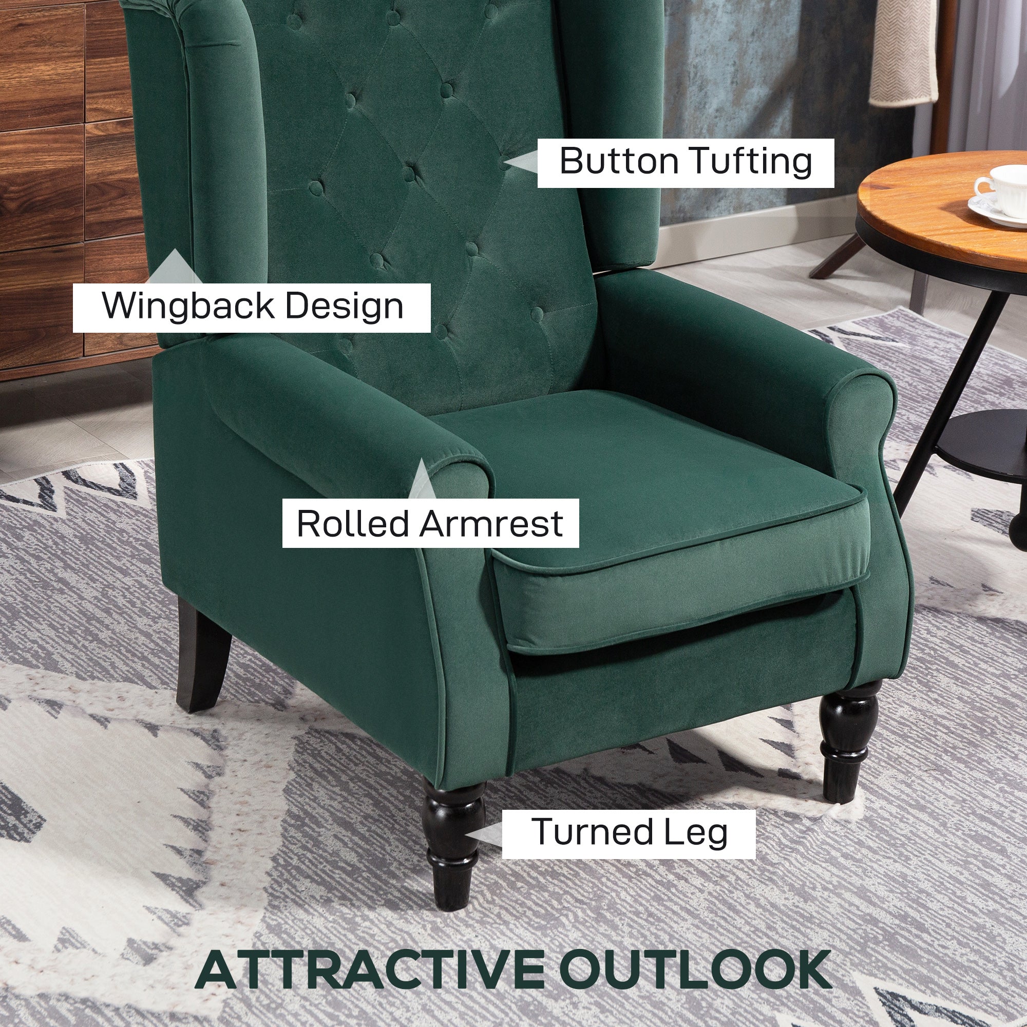 Retro Accent Chair, Velvet Wingback Armchair with Wood Frame Button Tufted Design for Living Room Bedroom, Green