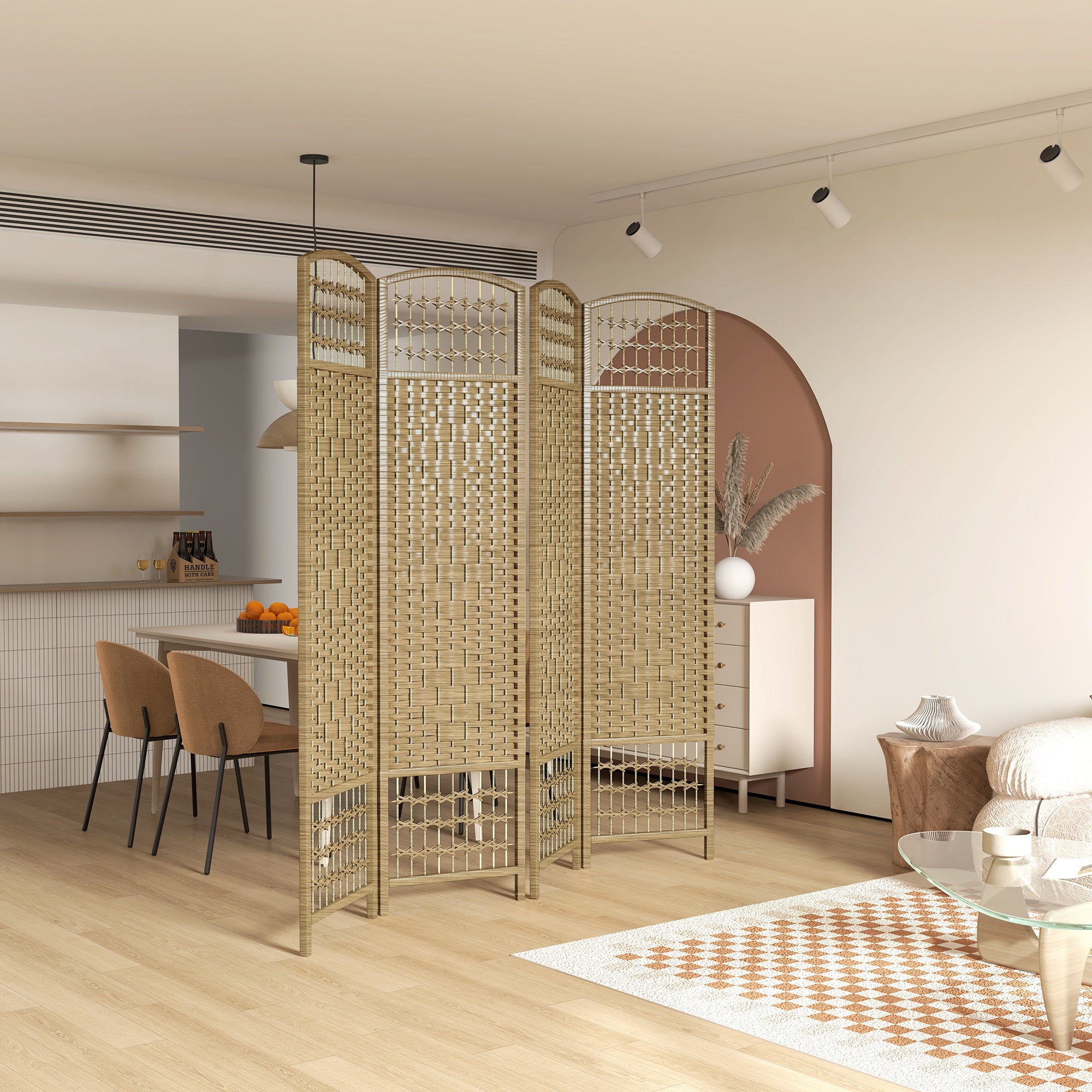 4 Panel Folding Room Divider, Portable Privacy Screen, Wave Fiber, Natural