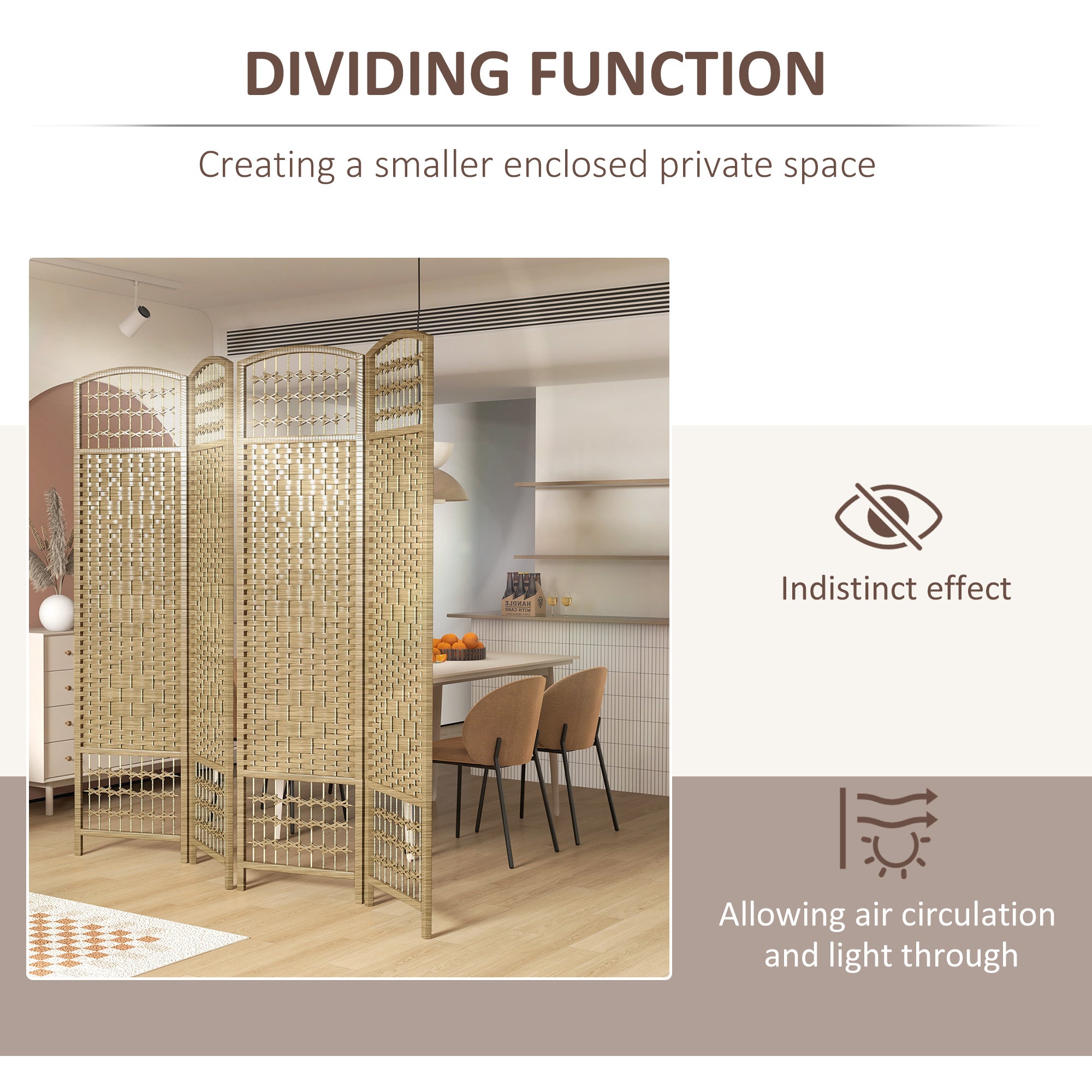 4 Panel Folding Room Divider, Portable Privacy Screen, Wave Fiber, Natural