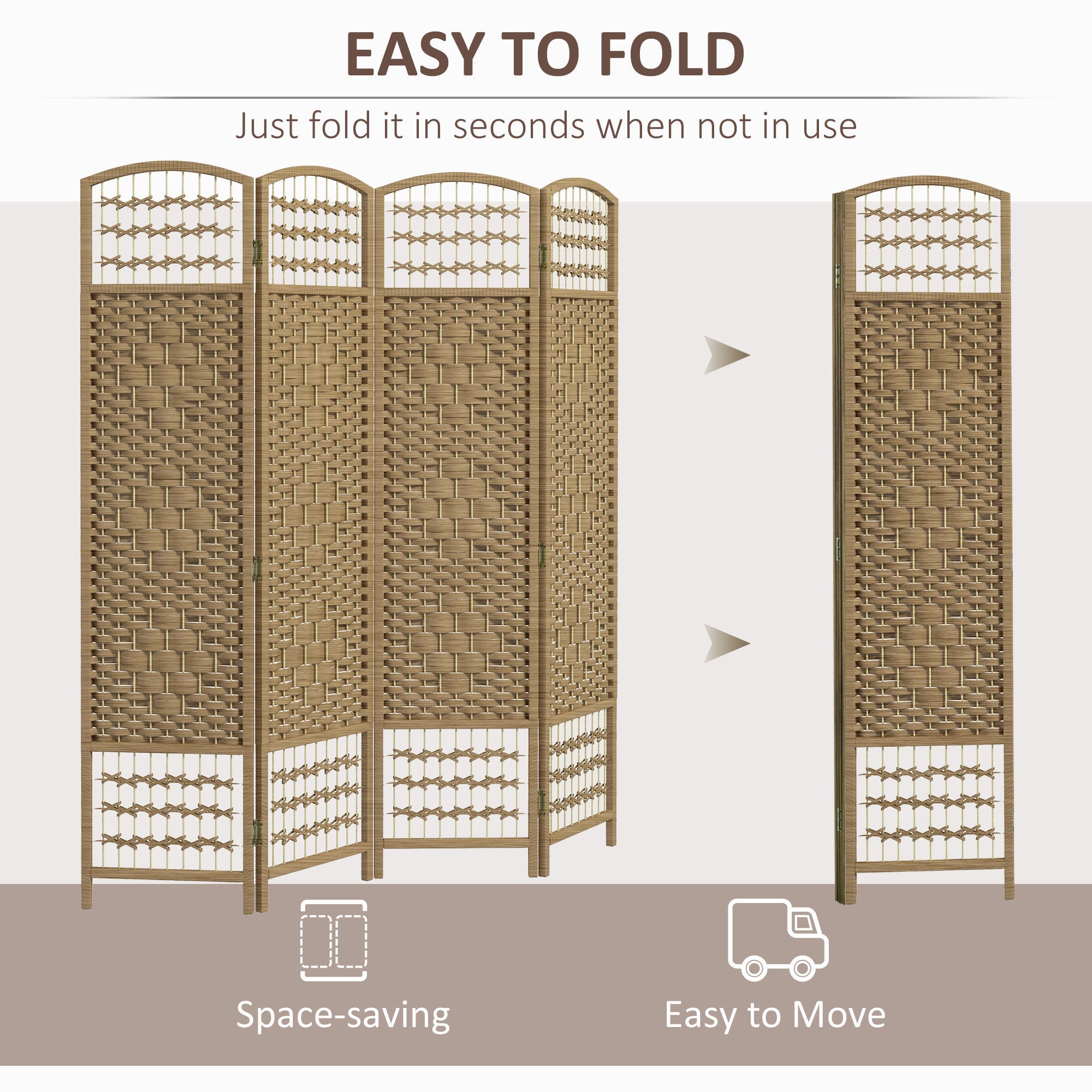 4 Panel Folding Room Divider, Portable Privacy Screen, Wave Fiber, Natural