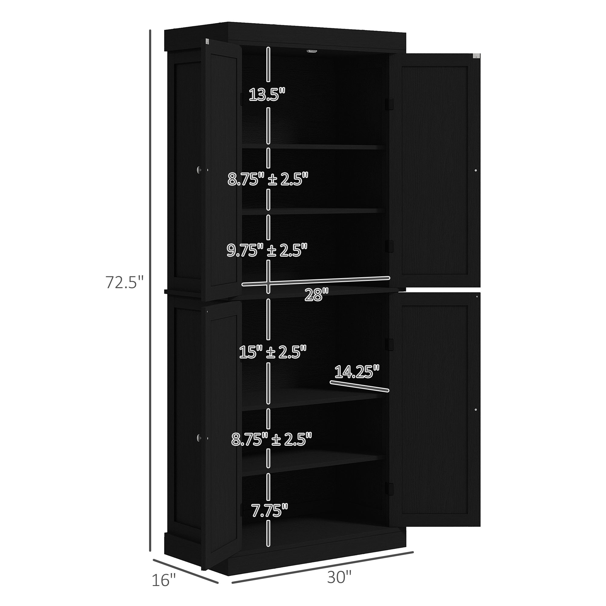 72" Freestanding Kitchen Pantry Storage Cabinet w/ Doors and Shelves, Black Wood Grain