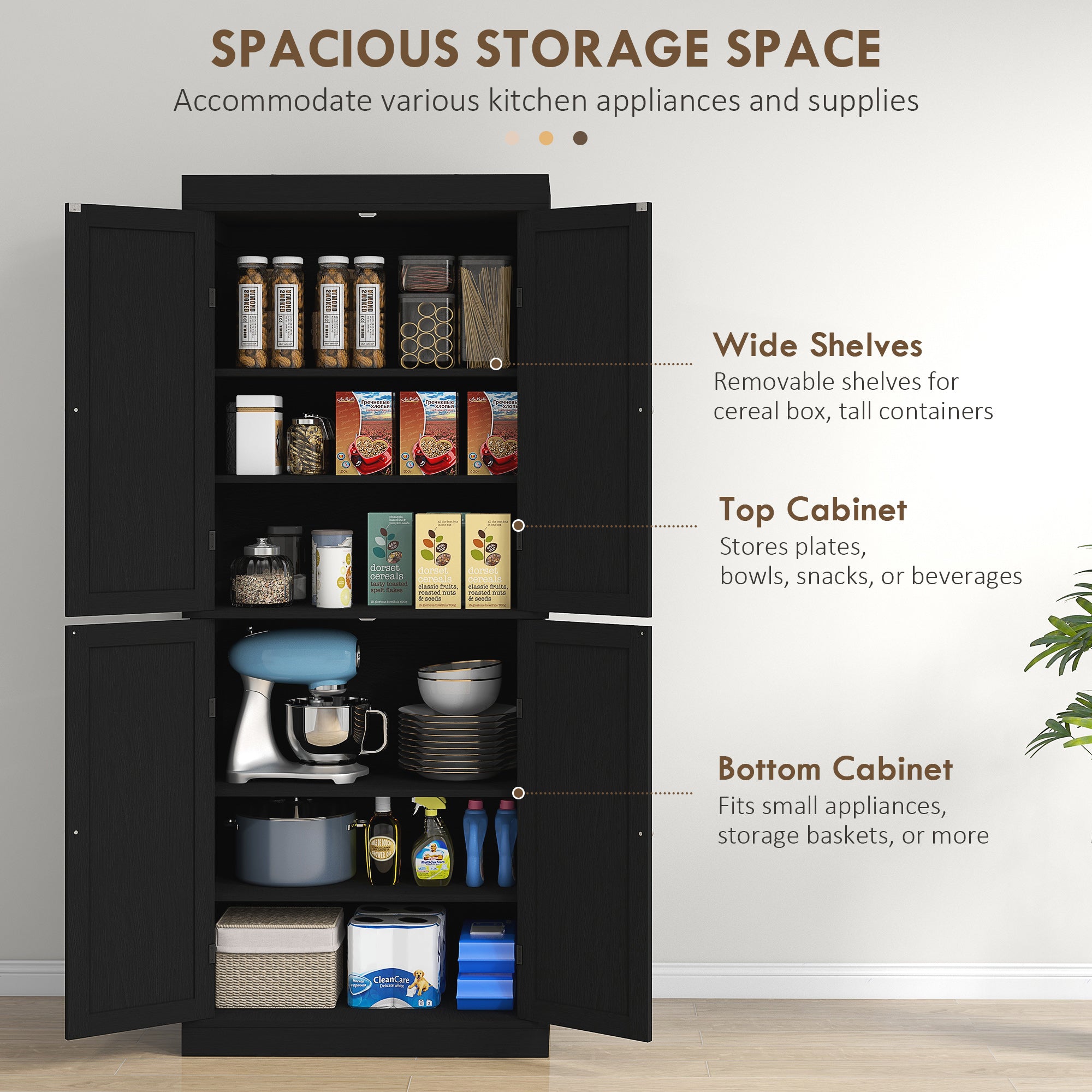 72" Freestanding Kitchen Pantry Storage Cabinet w/ Doors and Shelves, Black Wood Grain