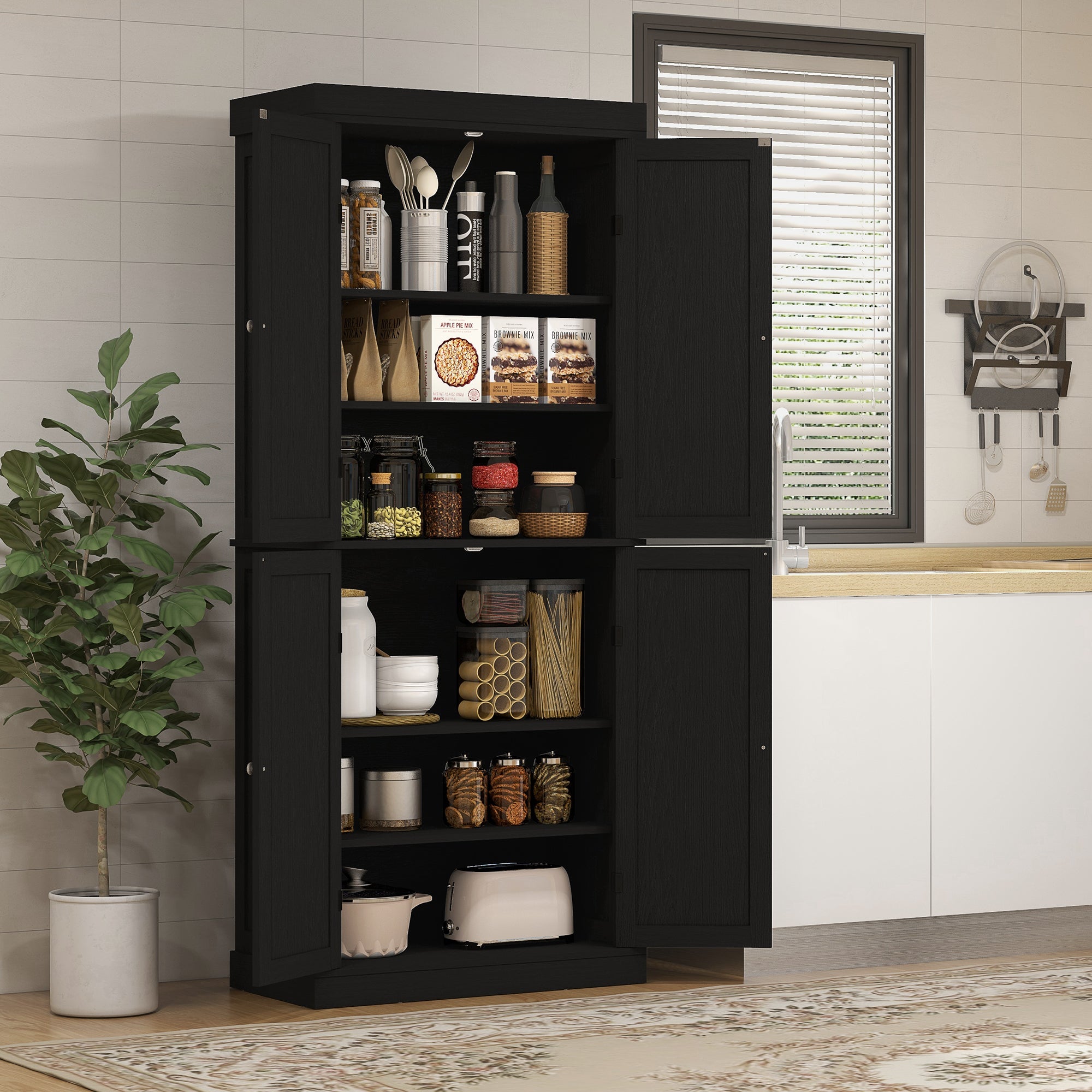 72" Freestanding Kitchen Pantry Storage Cabinet w/ Doors and Shelves, Black Wood Grain