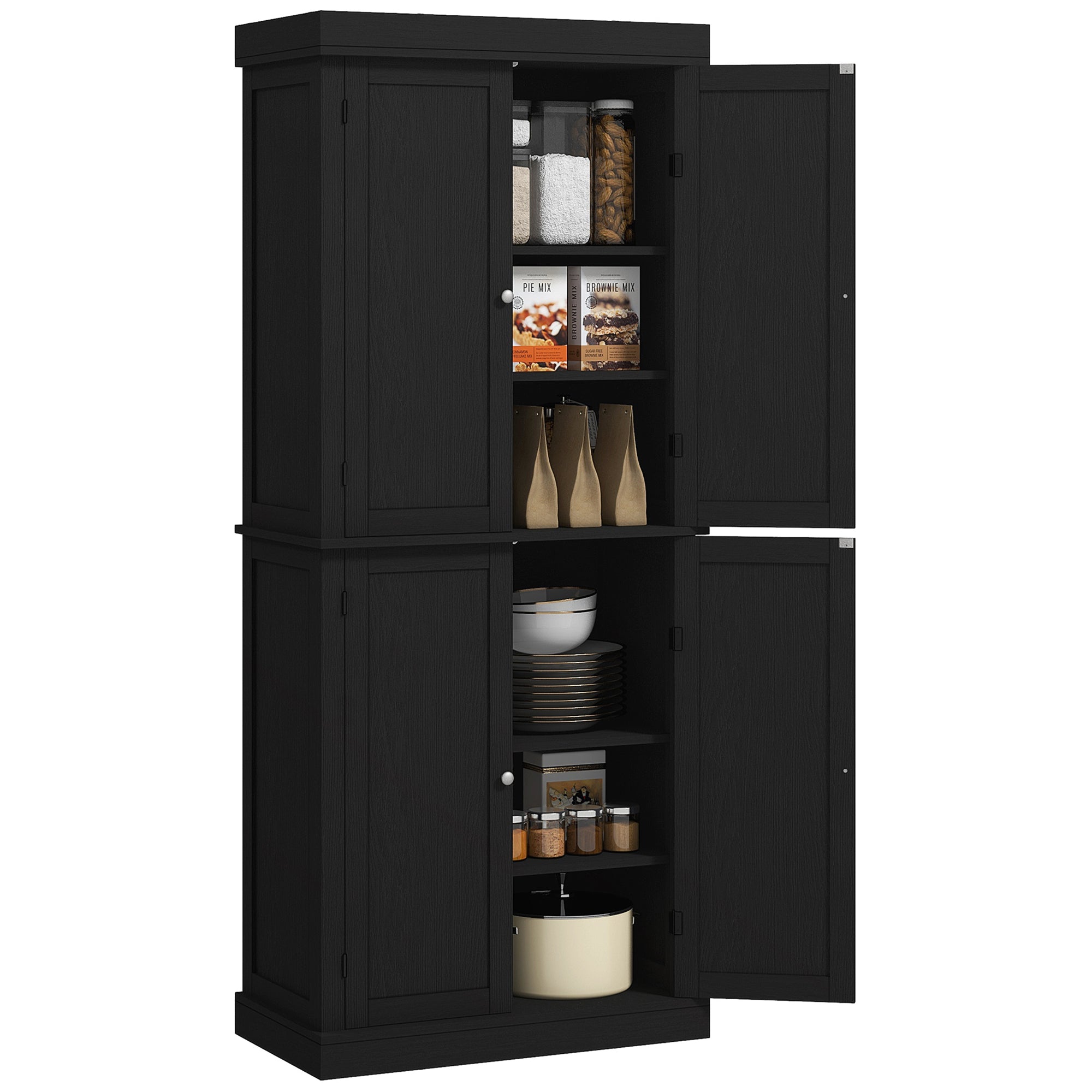 72" Freestanding Kitchen Pantry Storage Cabinet w/ Doors and Shelves, Black Wood Grain