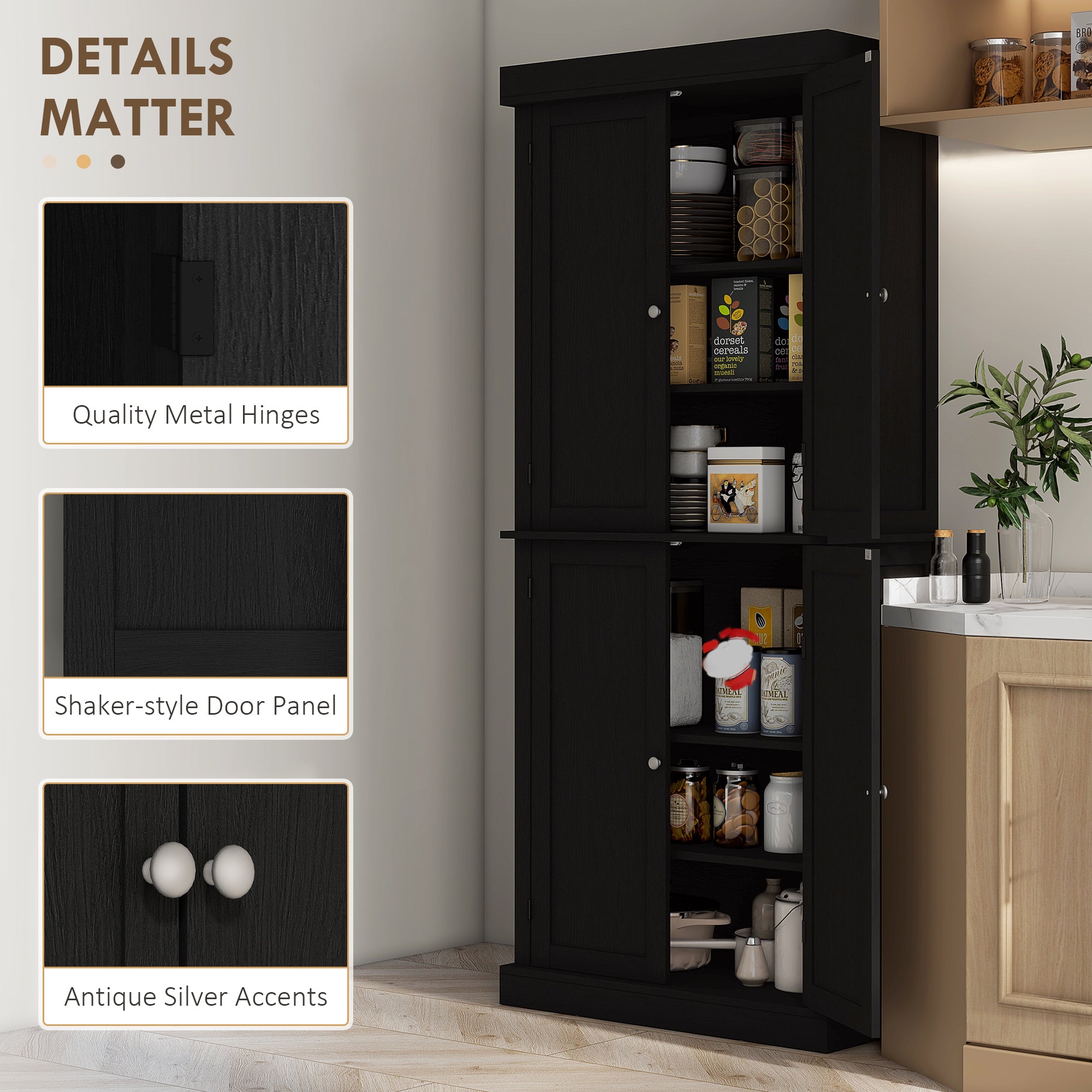 72" Freestanding Kitchen Pantry Storage Cabinet w/ Doors and Shelves, Black Wood Grain