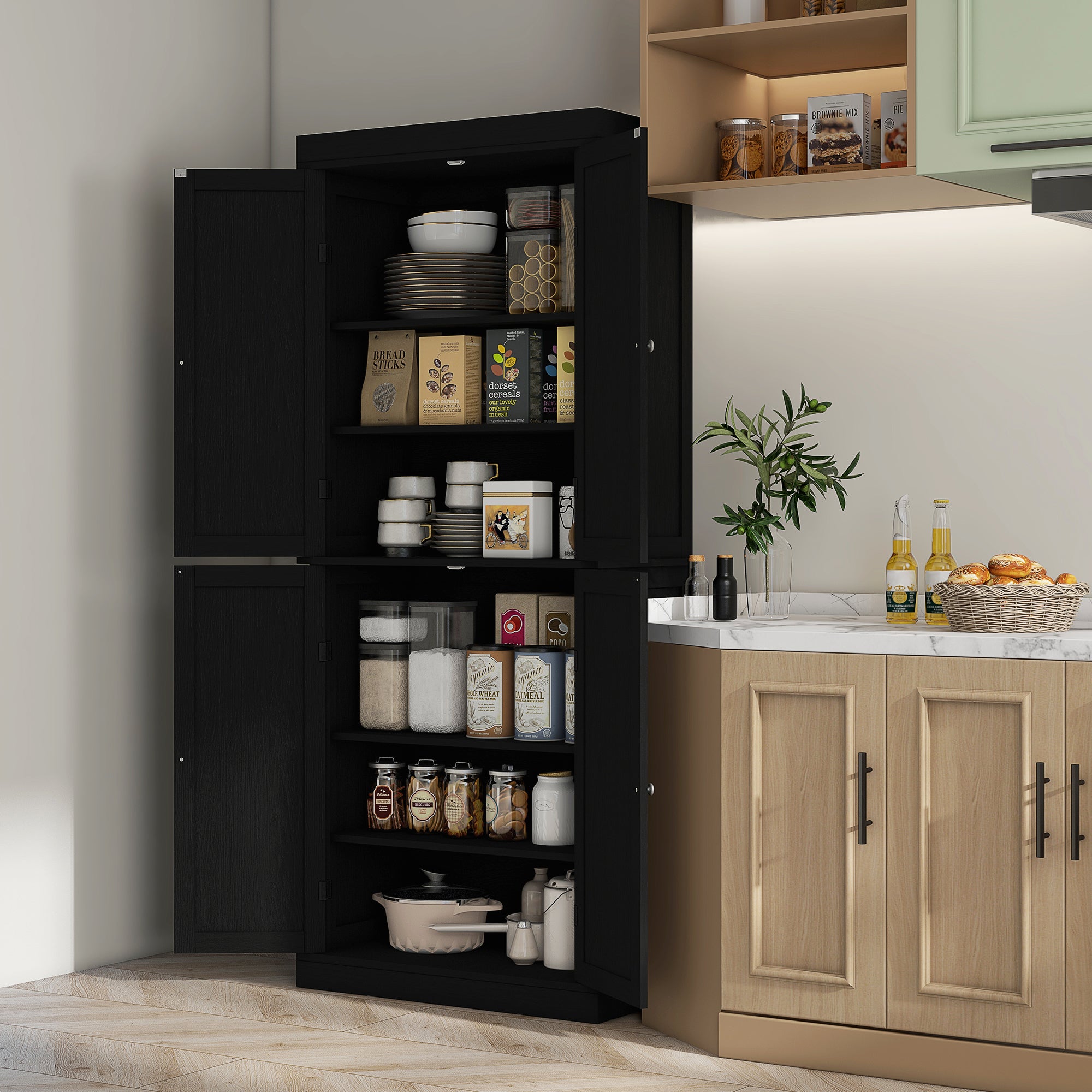 72" Freestanding Kitchen Pantry Storage Cabinet w/ Doors and Shelves, Black Wood Grain