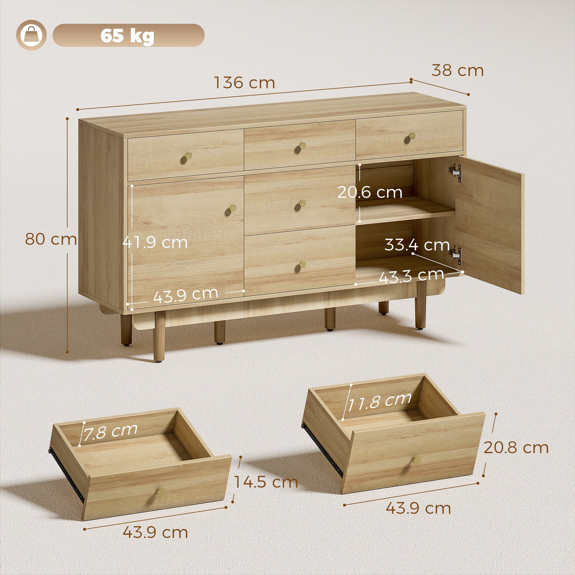 Modern Sideboard, Buffet Cabinet, Storage Cupboards with Adjustable Shelf, 5 Drawers and 2 Cabinets, 136 x 38 x 80 cm, for Living Room, Kitchen, Dining Room