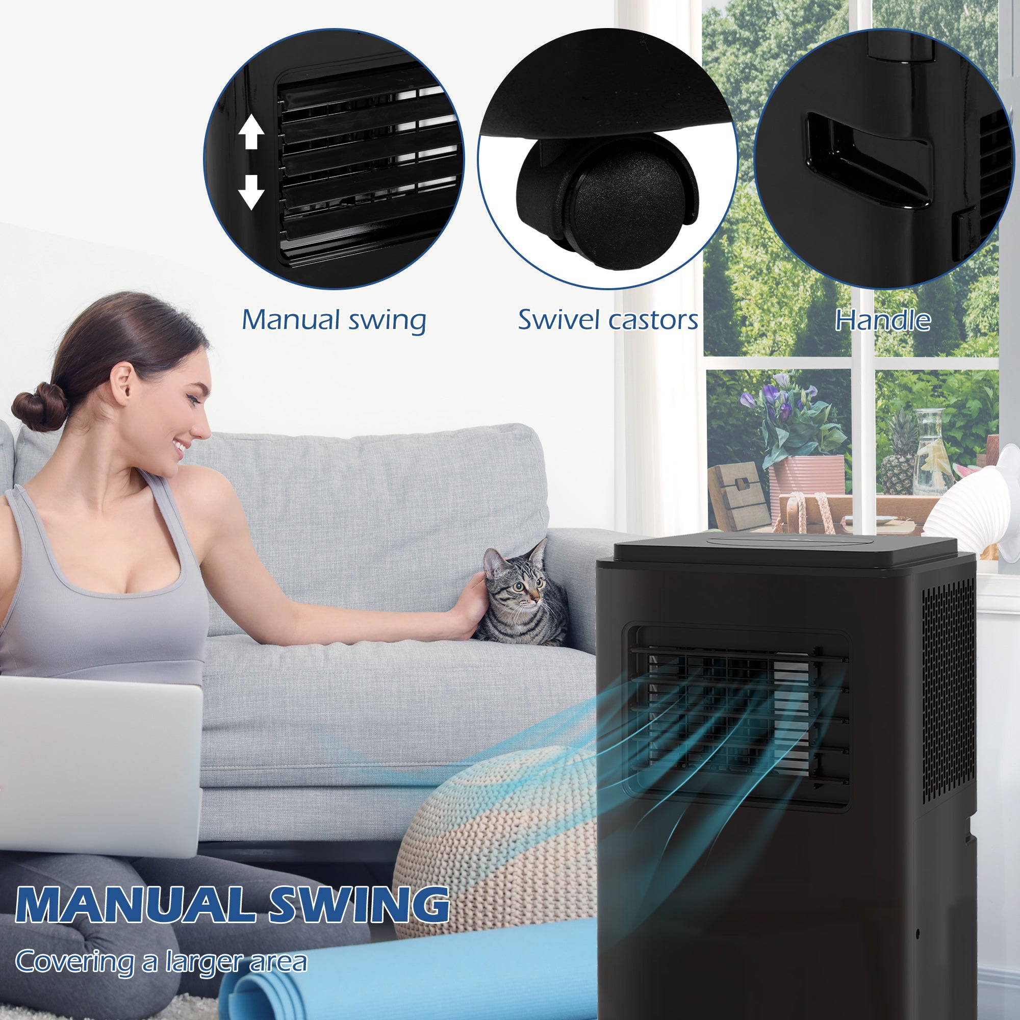 8,000 BTU Portable Air Conditioner, 345 Sq. Ft., Dehumidifier, Auto Sleep, 24H Timer, Black