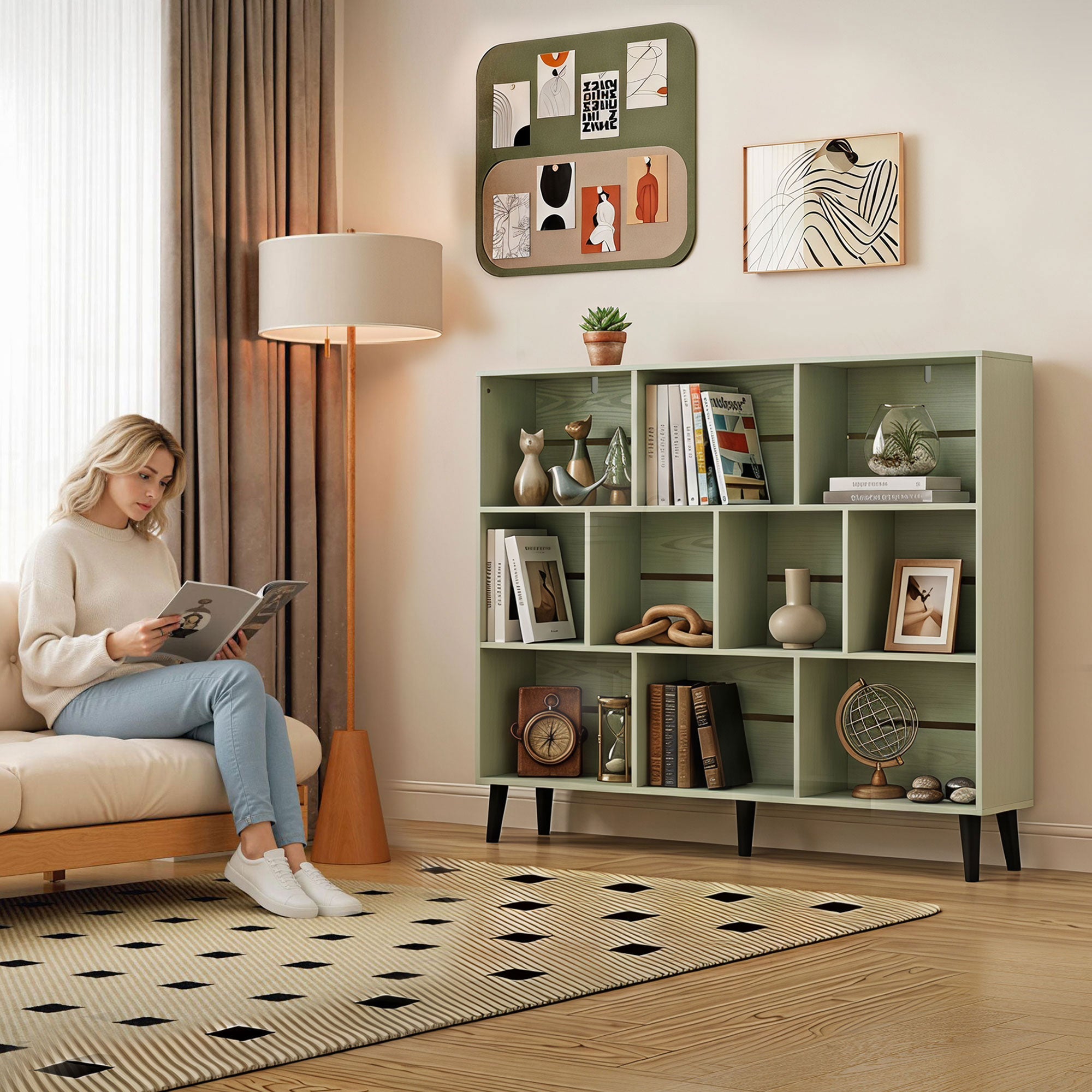 10-Cube Bookshelf, 3-Tier Bookcase with Solid Wood Legs, 140 cm Modern Freestanding Book Shelf with Anti-Tip Kit for Bedroom Living Room Study Office, Light Green