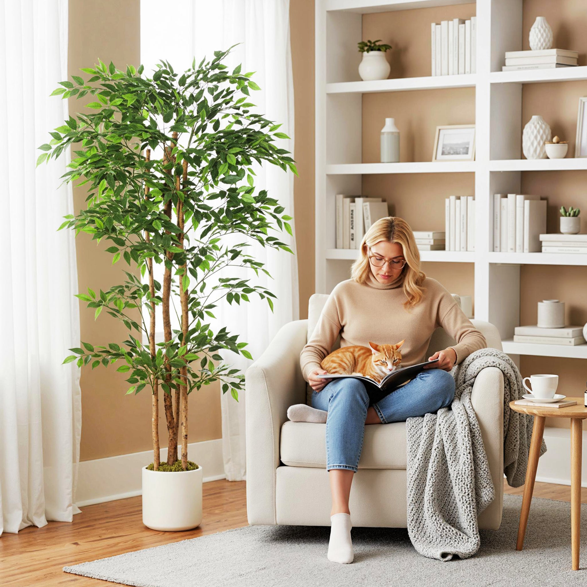 180cm Artificial Ficus Tree, Decorative Artificial Plant with Solid Wood Trunk and Pot for Indoor Living Room Home Office Decor, Green