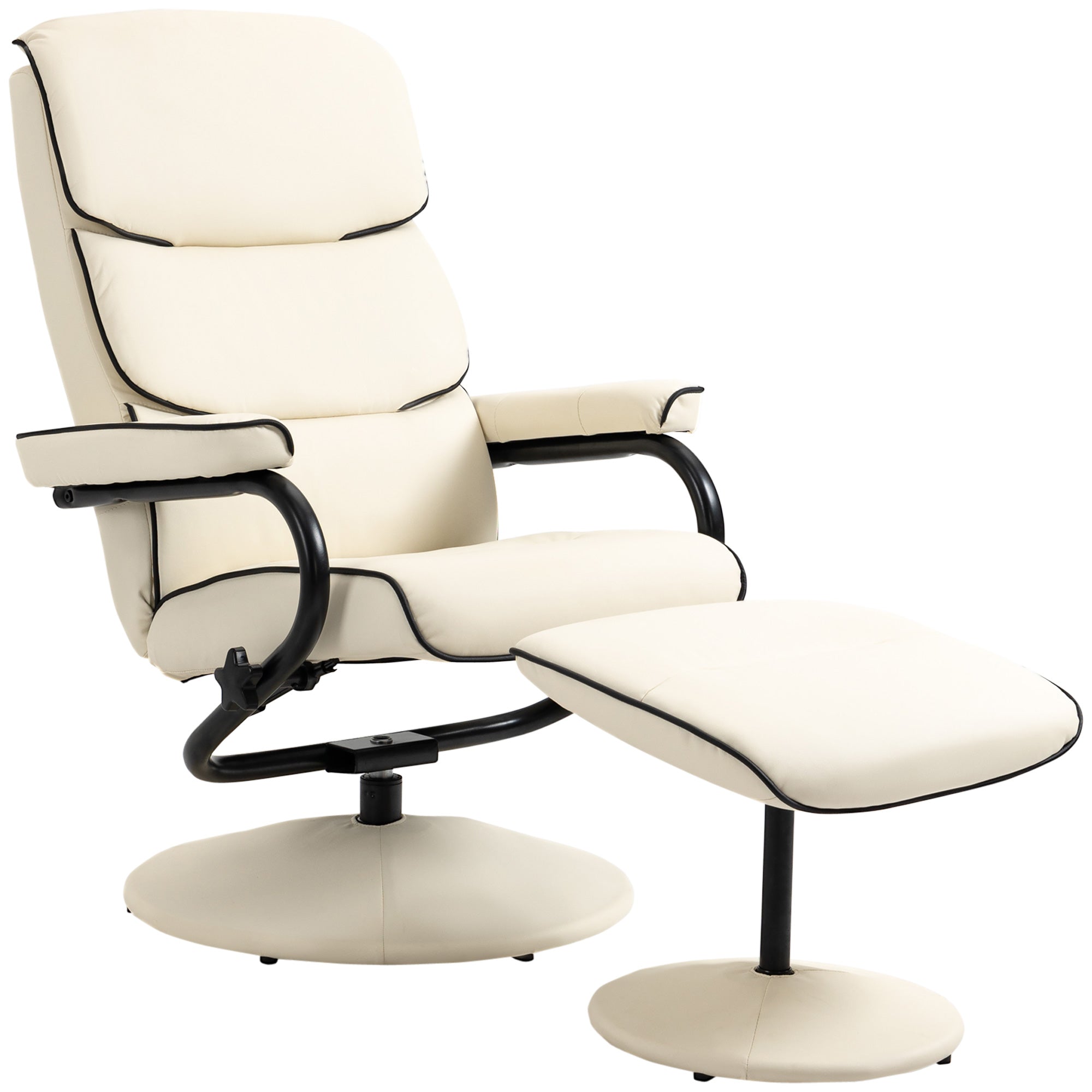 PU Leather High Back Recliner Armchair w/ Padded Ottoman Cream White