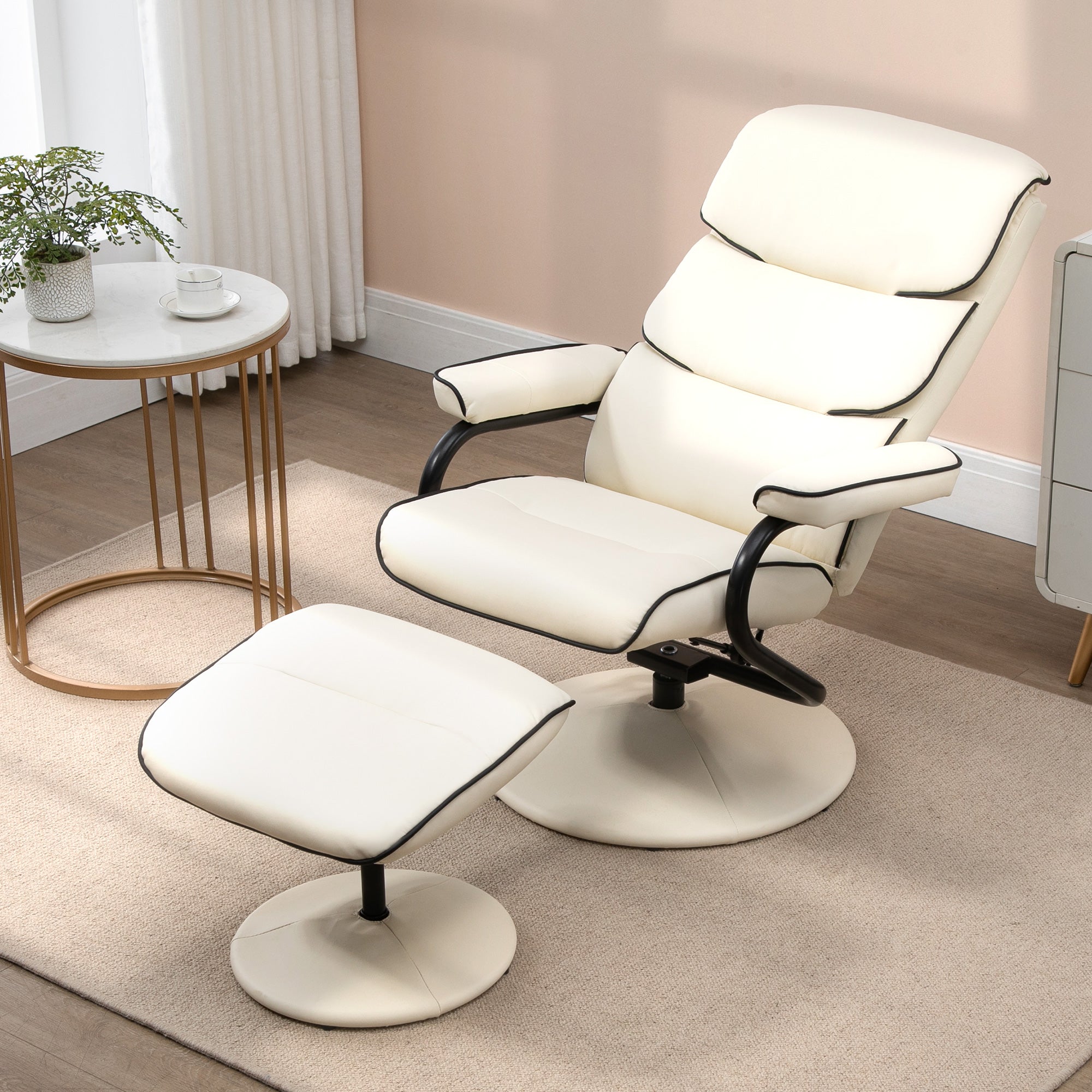 PU Leather High Back Recliner Armchair w/ Padded Ottoman Cream White