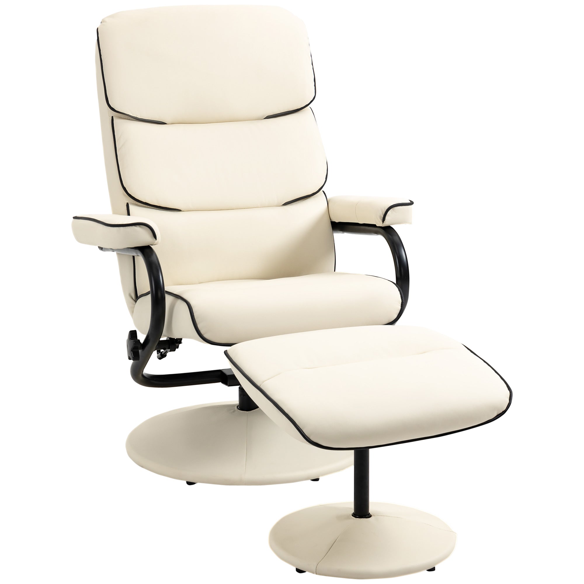 PU Leather High Back Recliner Armchair w/ Padded Ottoman Cream White